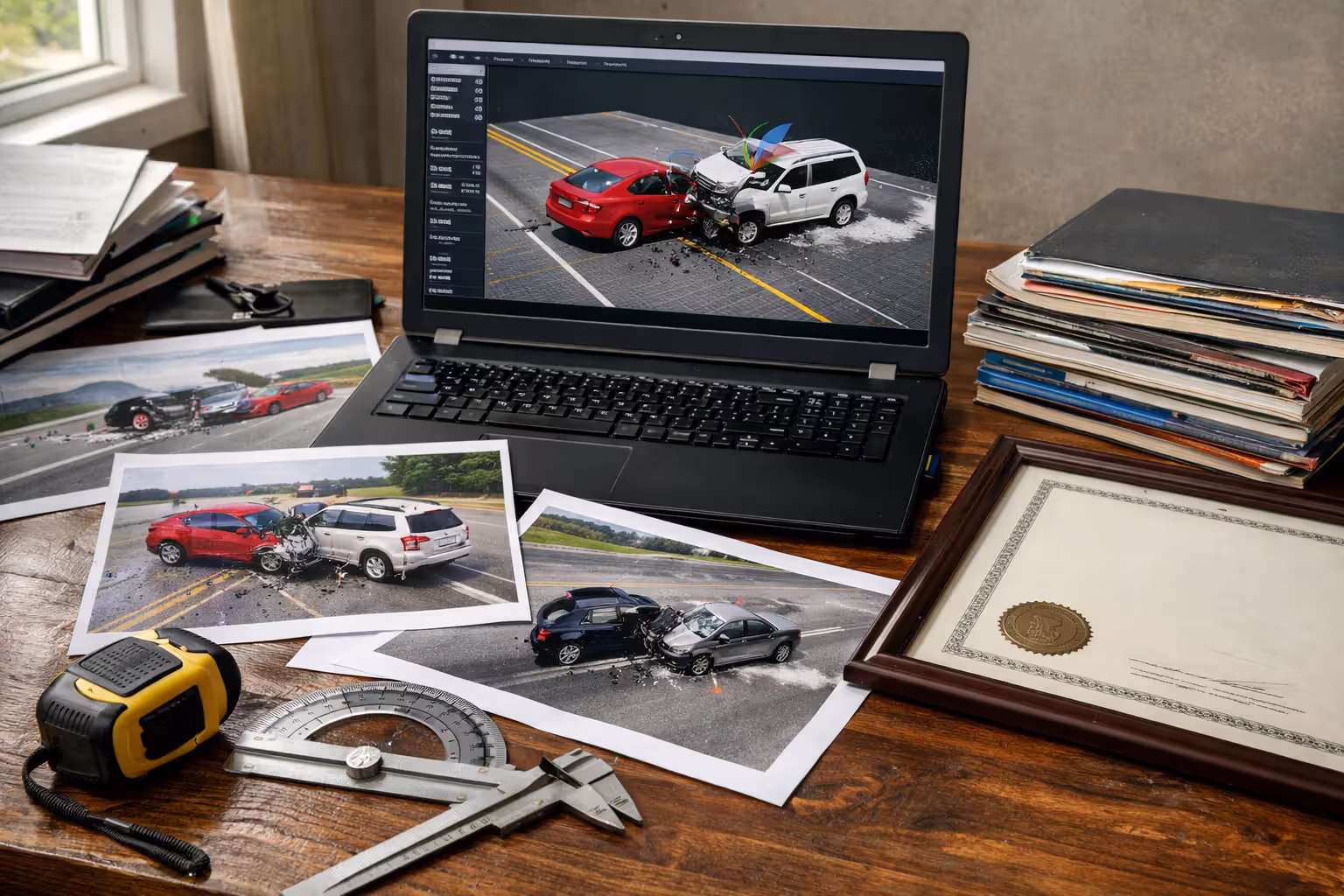 Accident reconstruction expert desk with 3D crash simulation on laptop screen ACTAR certificate and measurement tools