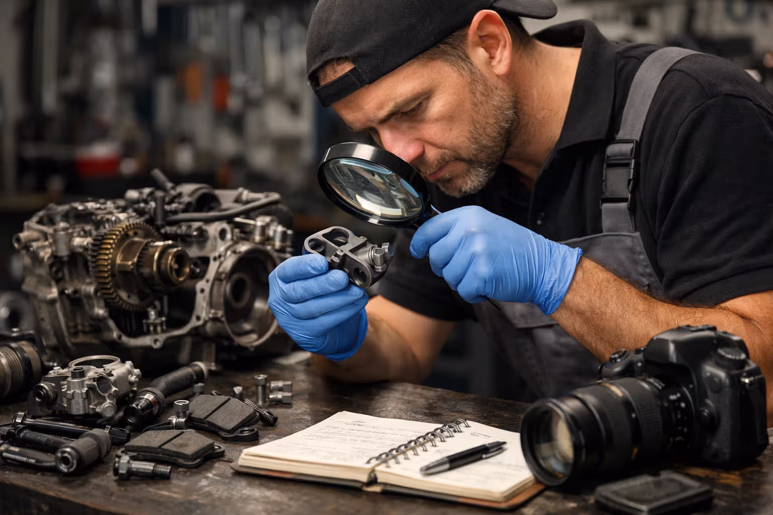 Motorcycle mechanic expert inspecting disassembled engine and brake components on workshop bench with magnifying glass and documentation