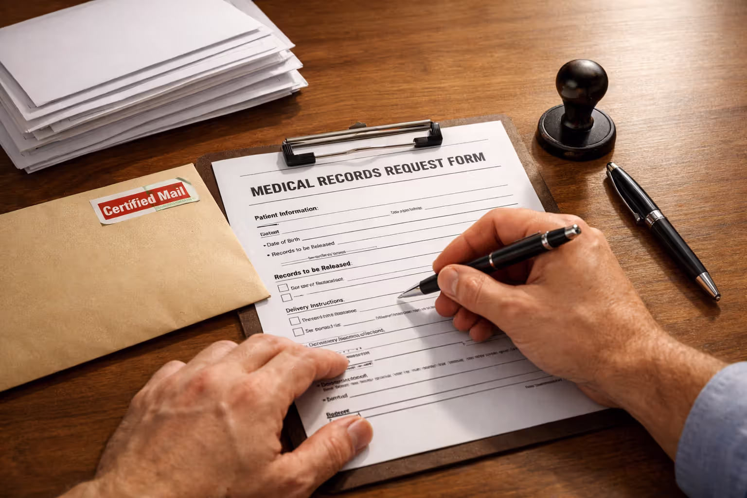 Person filling out a medical records request form at a desk with certified mail envelope, pen, and stamp nearby
