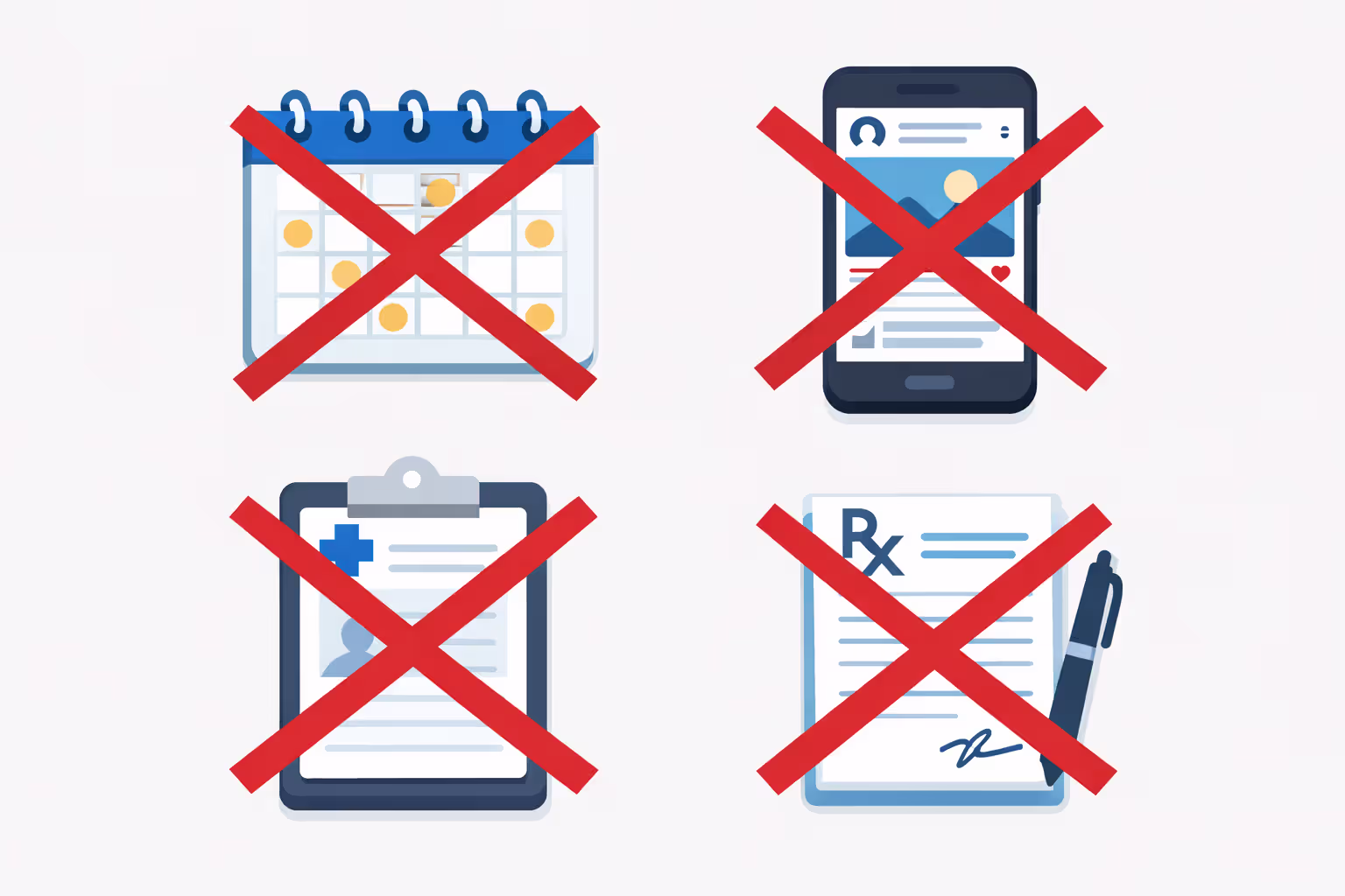 Infographic showing common medical documentation mistakes with red crossed-out icons of missed calendar dates, social media phone, empty medical chart, and rejected prescription