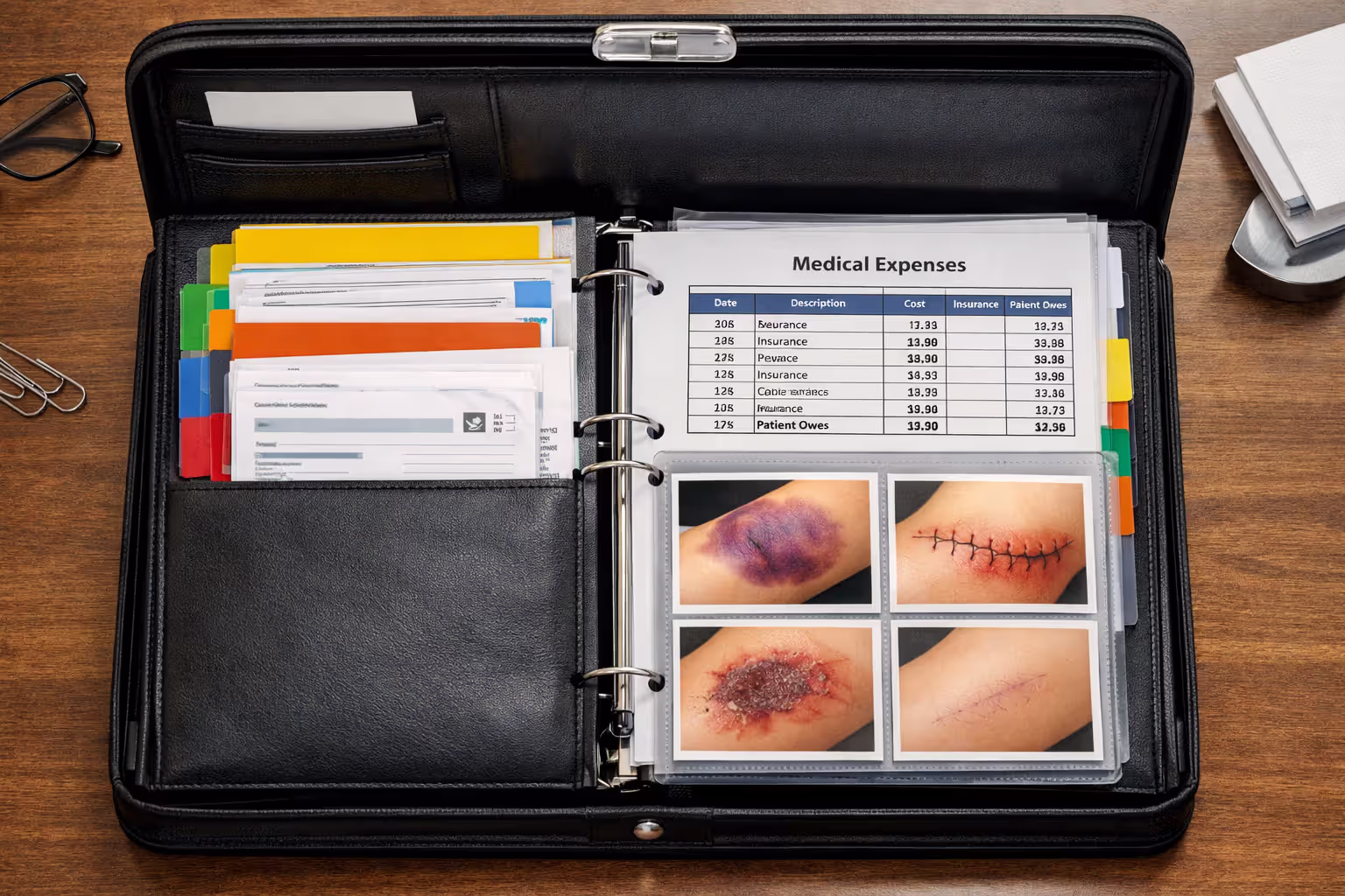 Organized open portfolio binder with color-coded tabs, chronological medical documents, treatment cost summary sheet, and injury progression photos on a desk top view