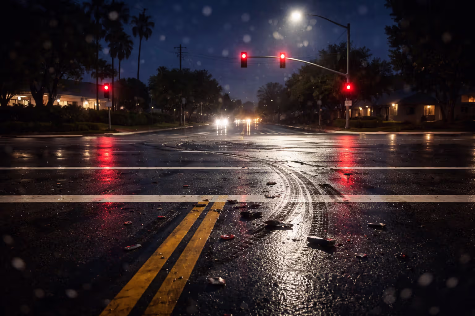 Intersection road surface showing skid marks debris and stop sign photographed from driver perspective in wet evening conditions