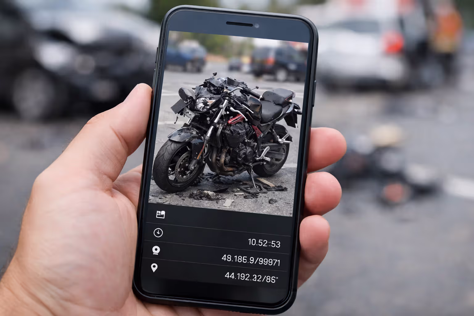 Smartphone screen displaying motorcycle crash photo with visible EXIF metadata timestamp and GPS coordinates