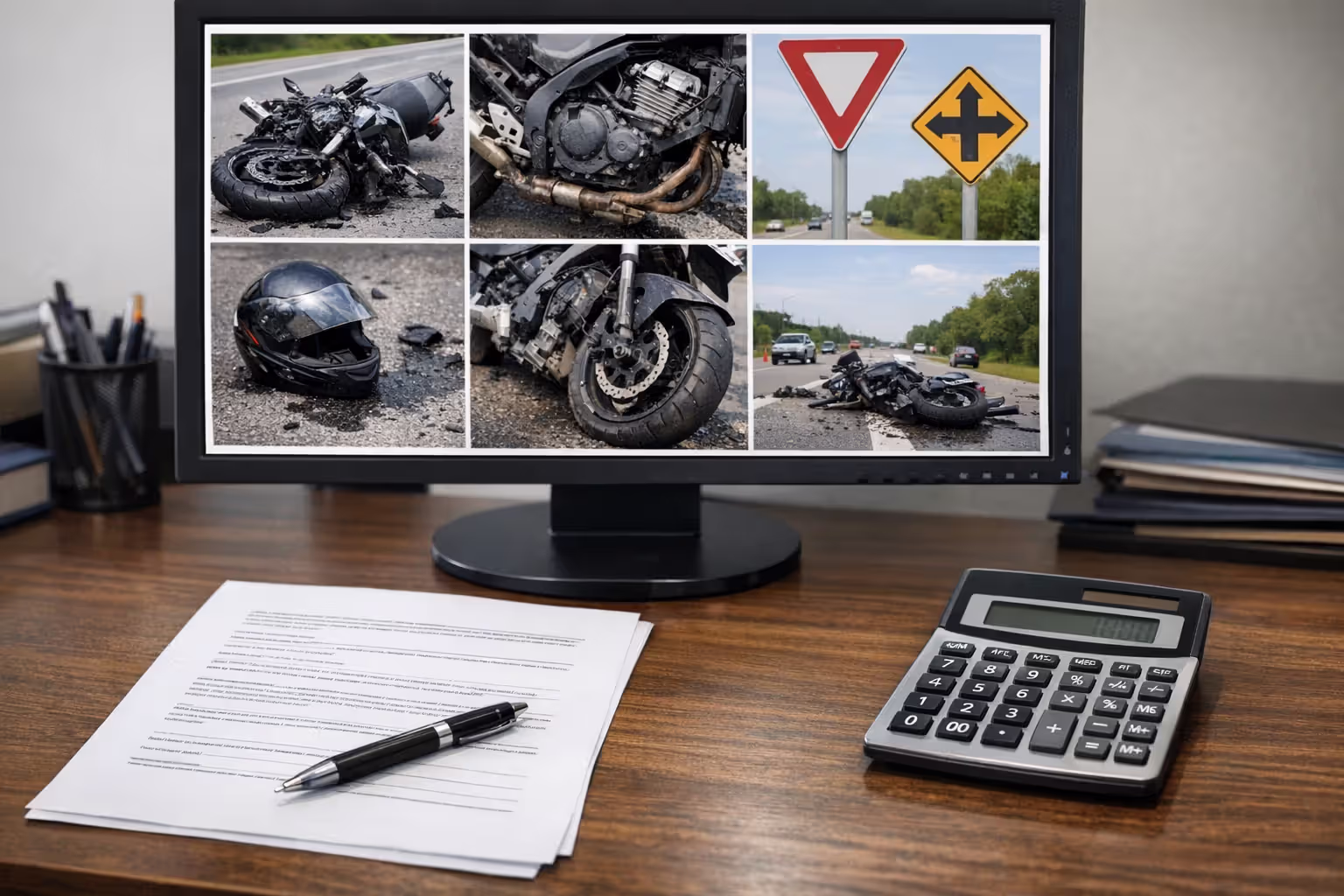 Insurance adjuster workstation with computer monitor showing grid of motorcycle accident photos and claim documents on desk