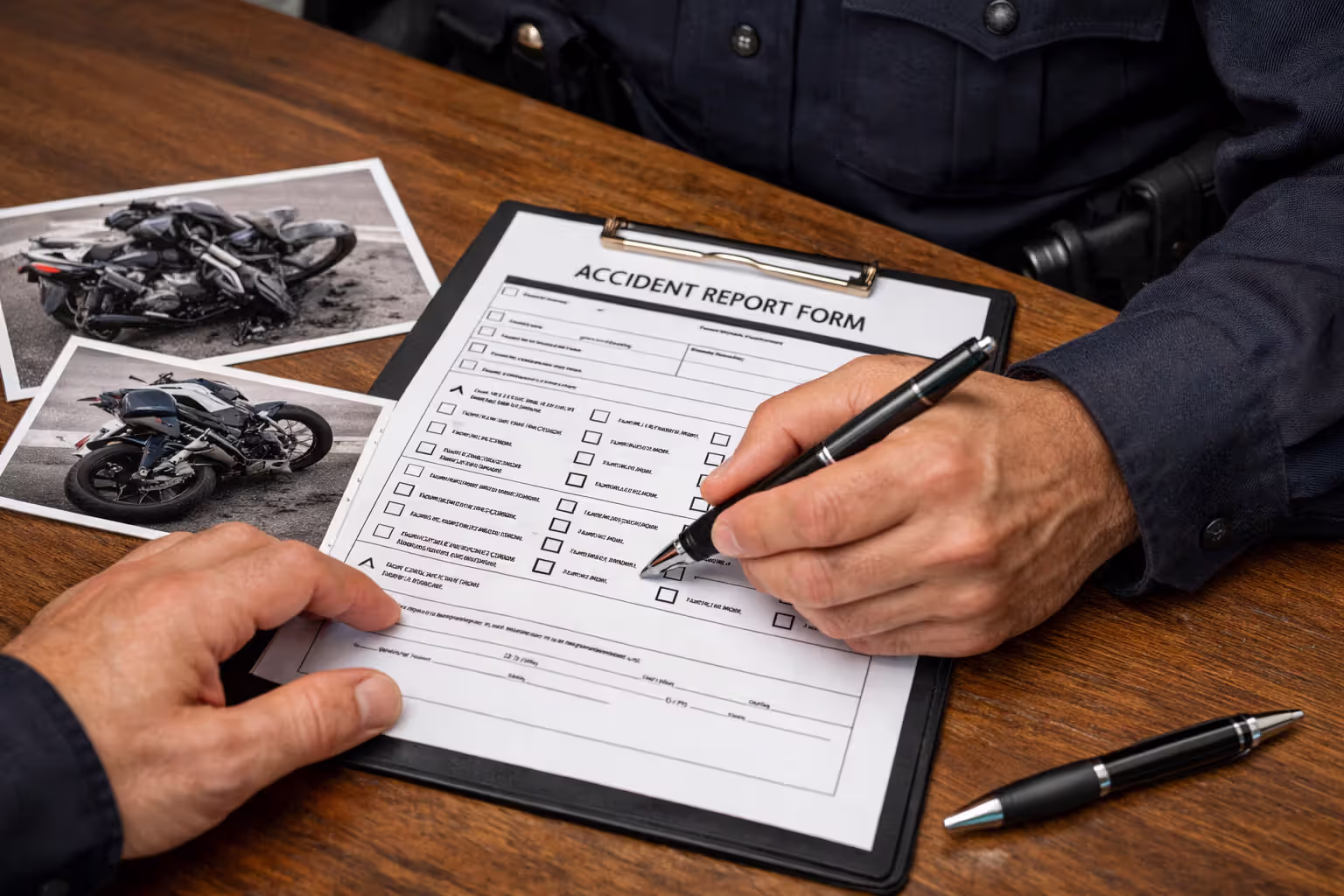 Close-up of police officer hands filling out a standardized motorcycle accident report form with checkboxes and crash scene photos on desk