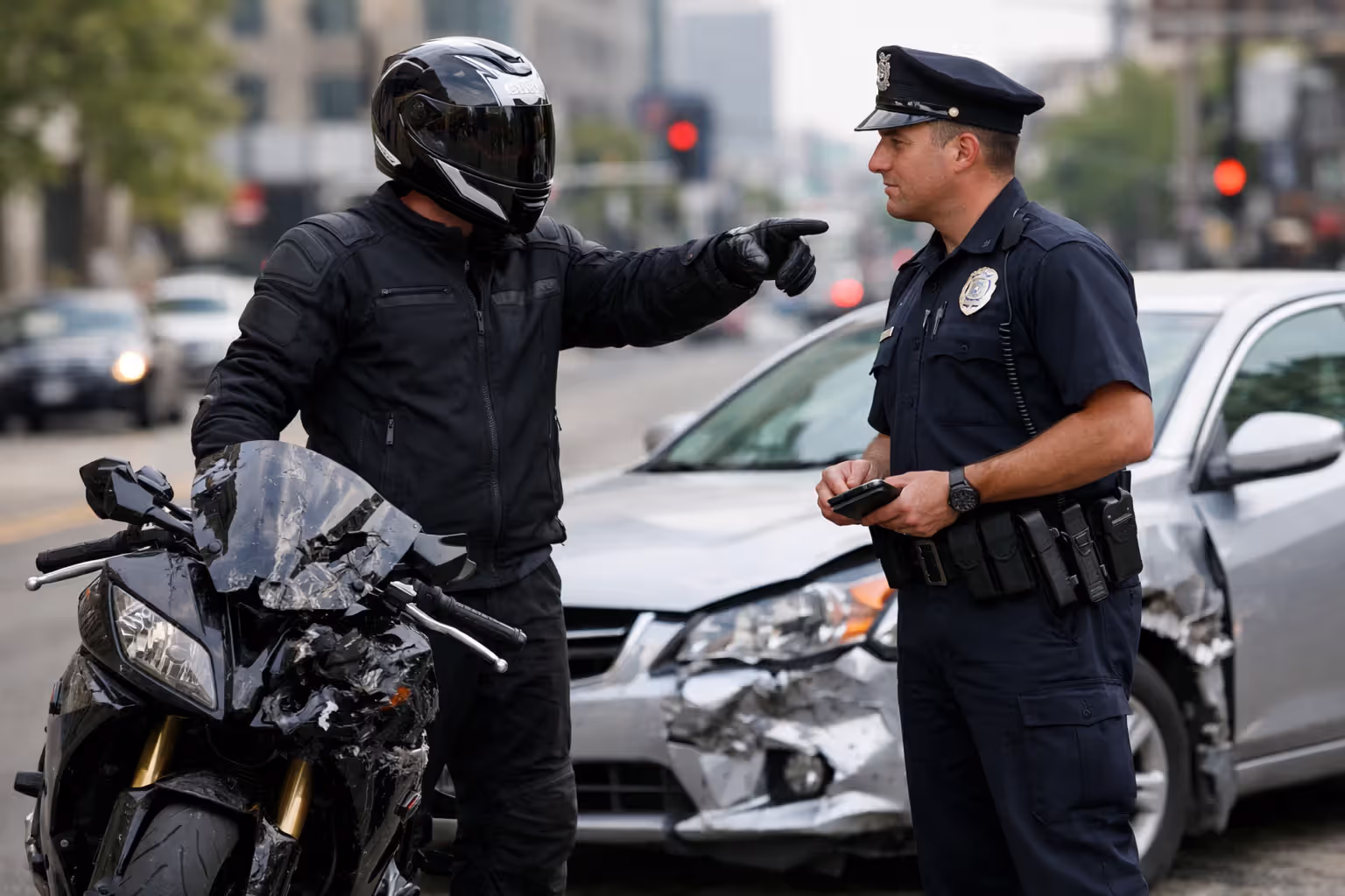 Motorcyclist in full protective gear talking to police officer at crash scene pointing at direction of travel with damaged car in background