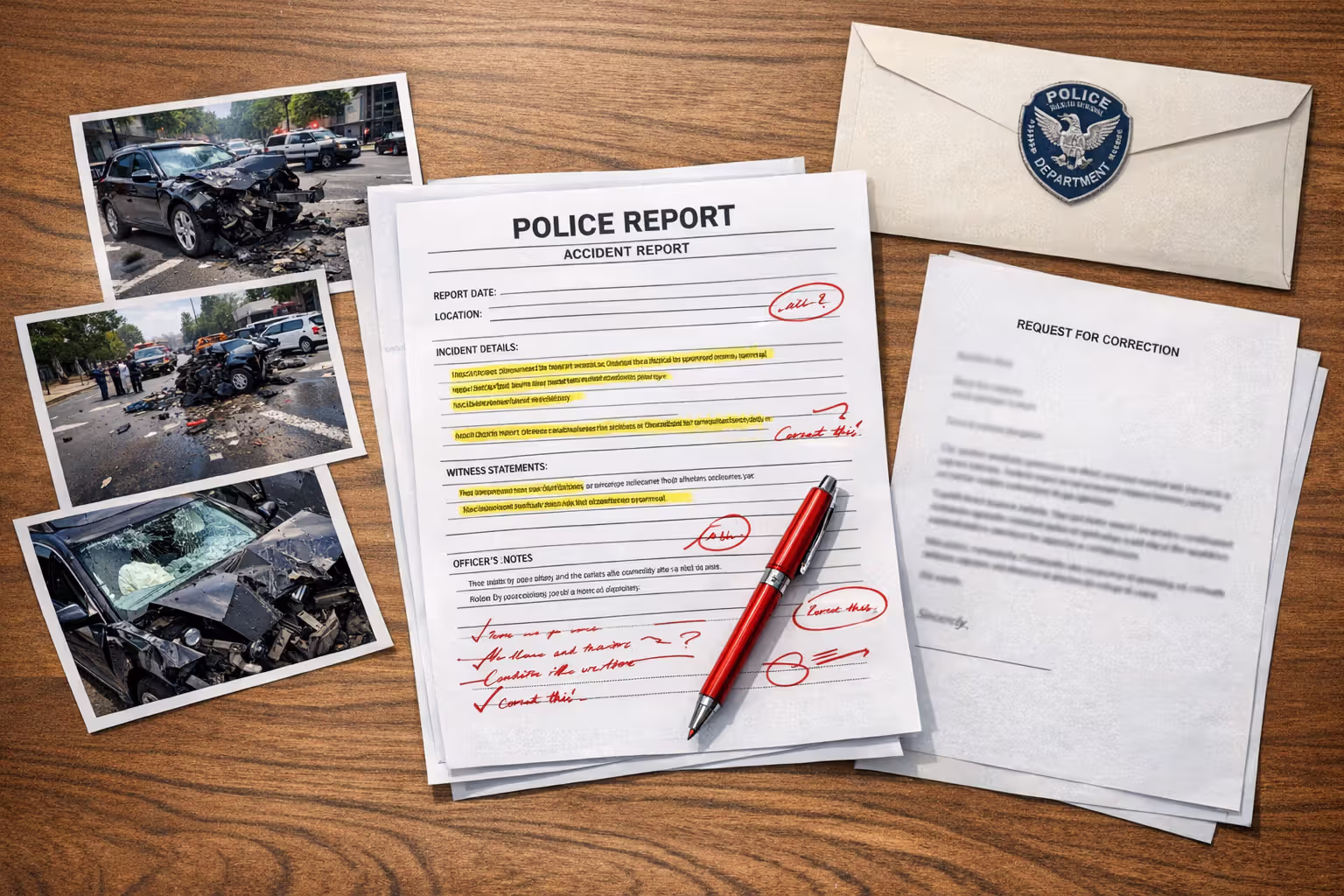 Desk with highlighted police accident report, crash scene photos, correction request letter, and red pen marks showing errors from top view