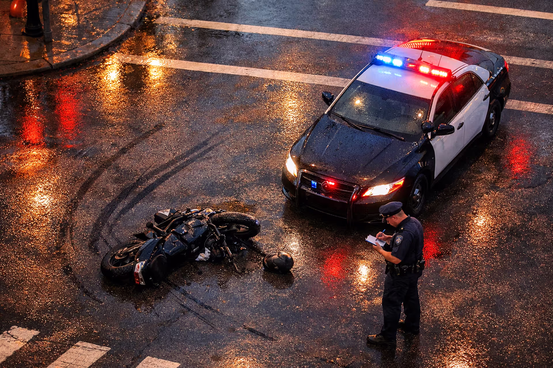 Police officer writing an accident report at an intersection with a fallen motorcycle and police car with flashing lights on wet asphalt at dusk