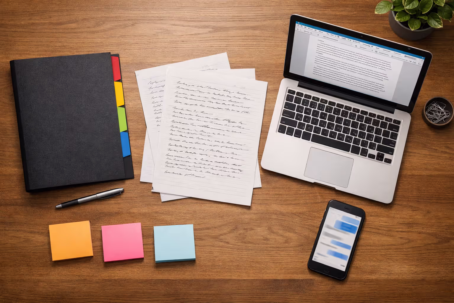 Organized desk with witness statement documents laptop smartphone and file folder for insurance claim documentation