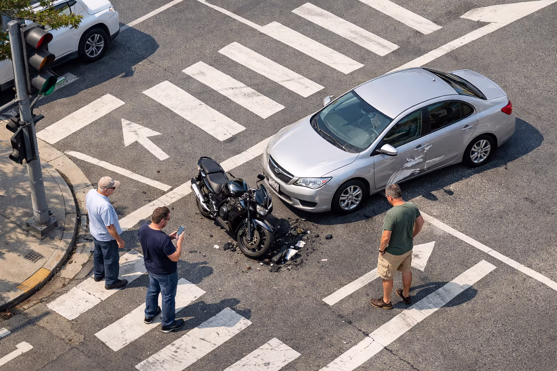 Motorcycle accident scene at urban intersection with bystander witnesses and damaged vehicles