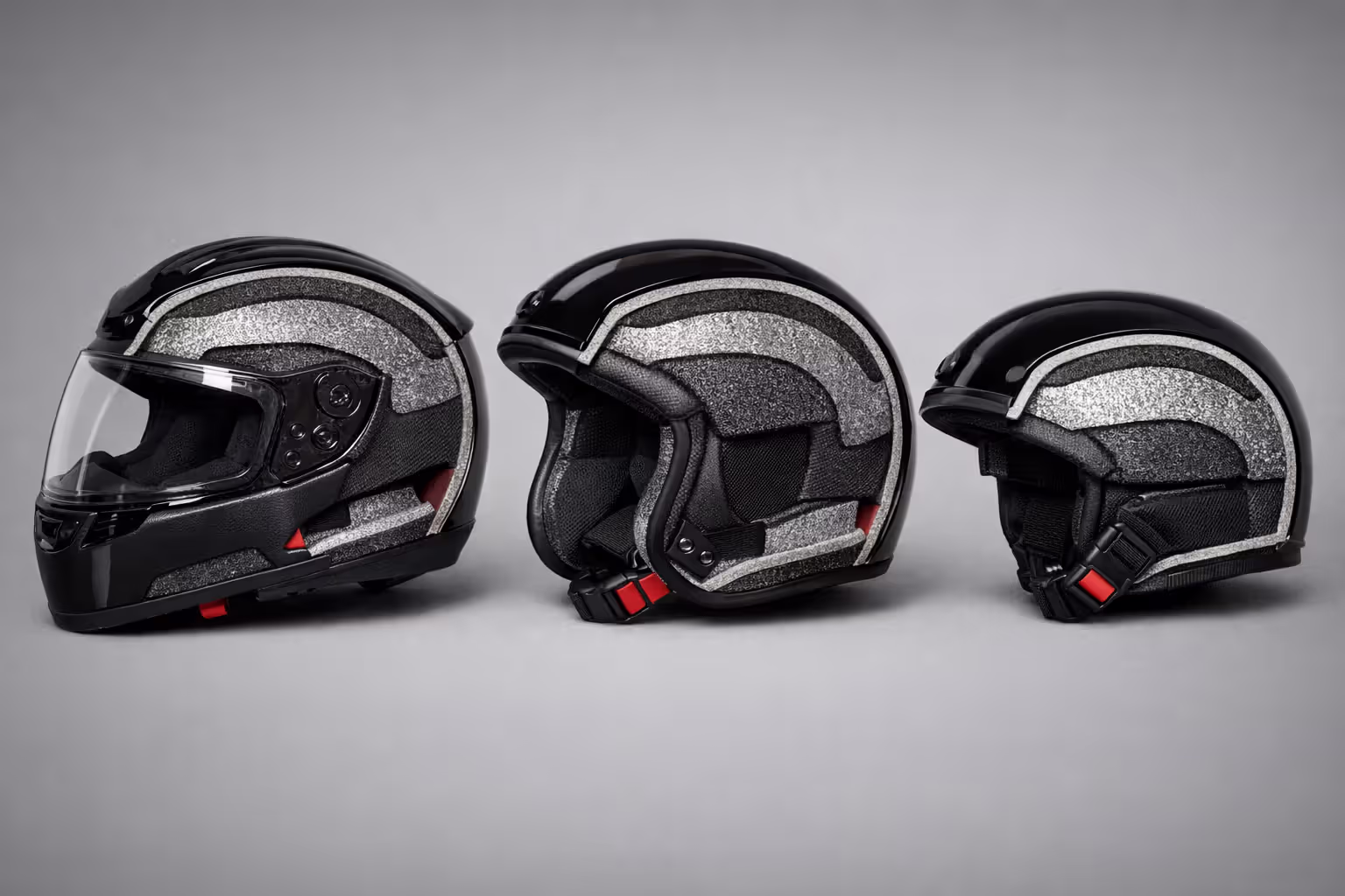 Three types of motorcycle helmets — full-face, three-quarter, and half-helmet — shown in cross-section revealing internal protective layers
