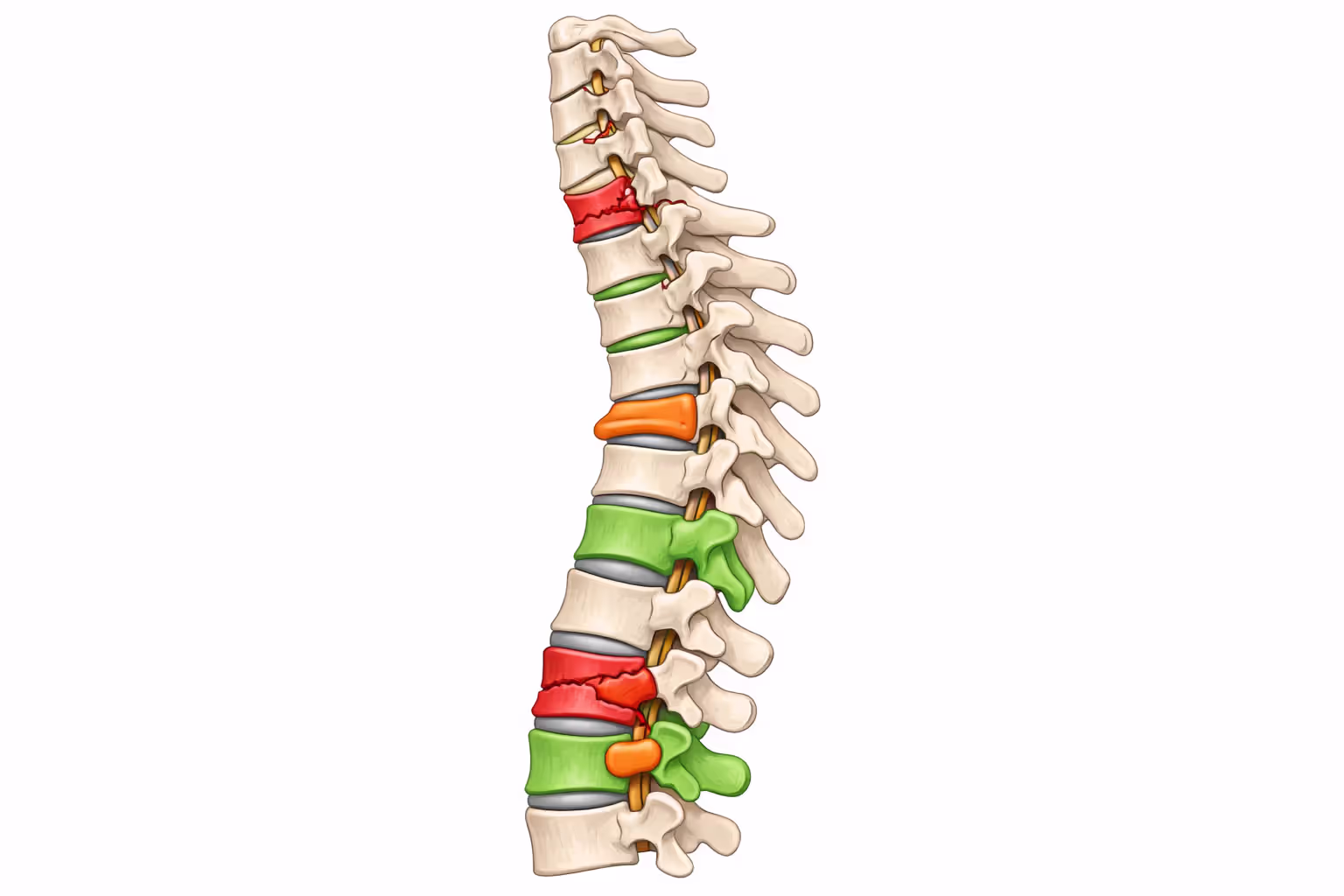 Medical illustration of human spine in lateral view showing compression fracture, herniated disc, and healthy vertebral segment highlighted in different colors
