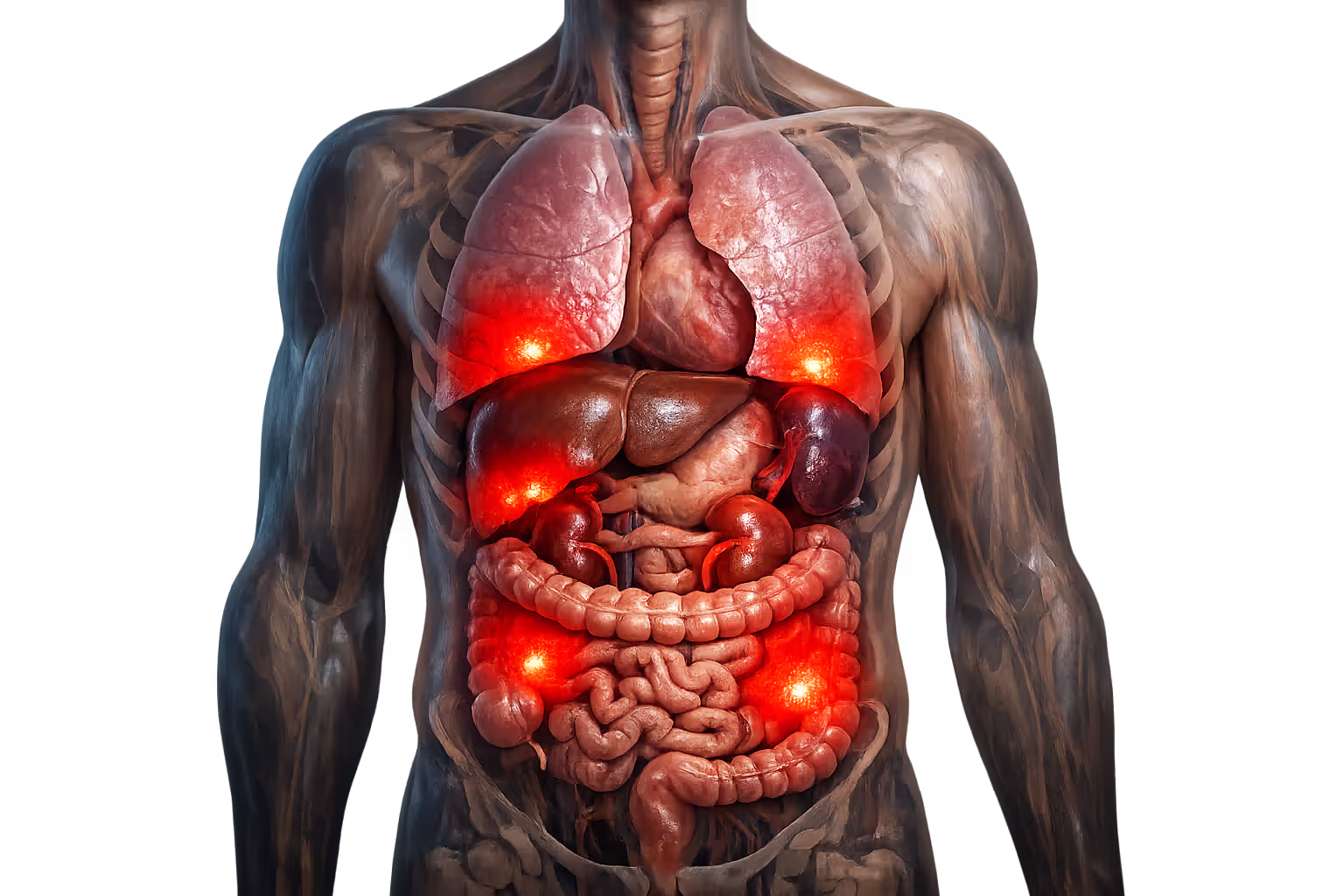 Anatomical illustration of human torso with semi-transparent skin showing internal organs with vulnerable areas highlighted in red