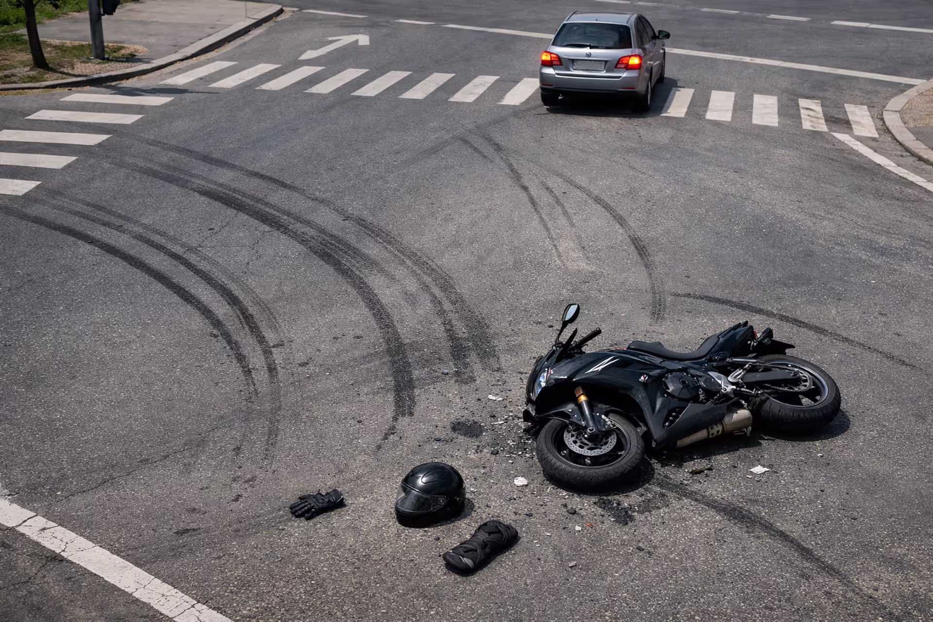 Motorcycle lying on its side on an urban road after a crash with scattered protective gear and skid marks on the asphalt