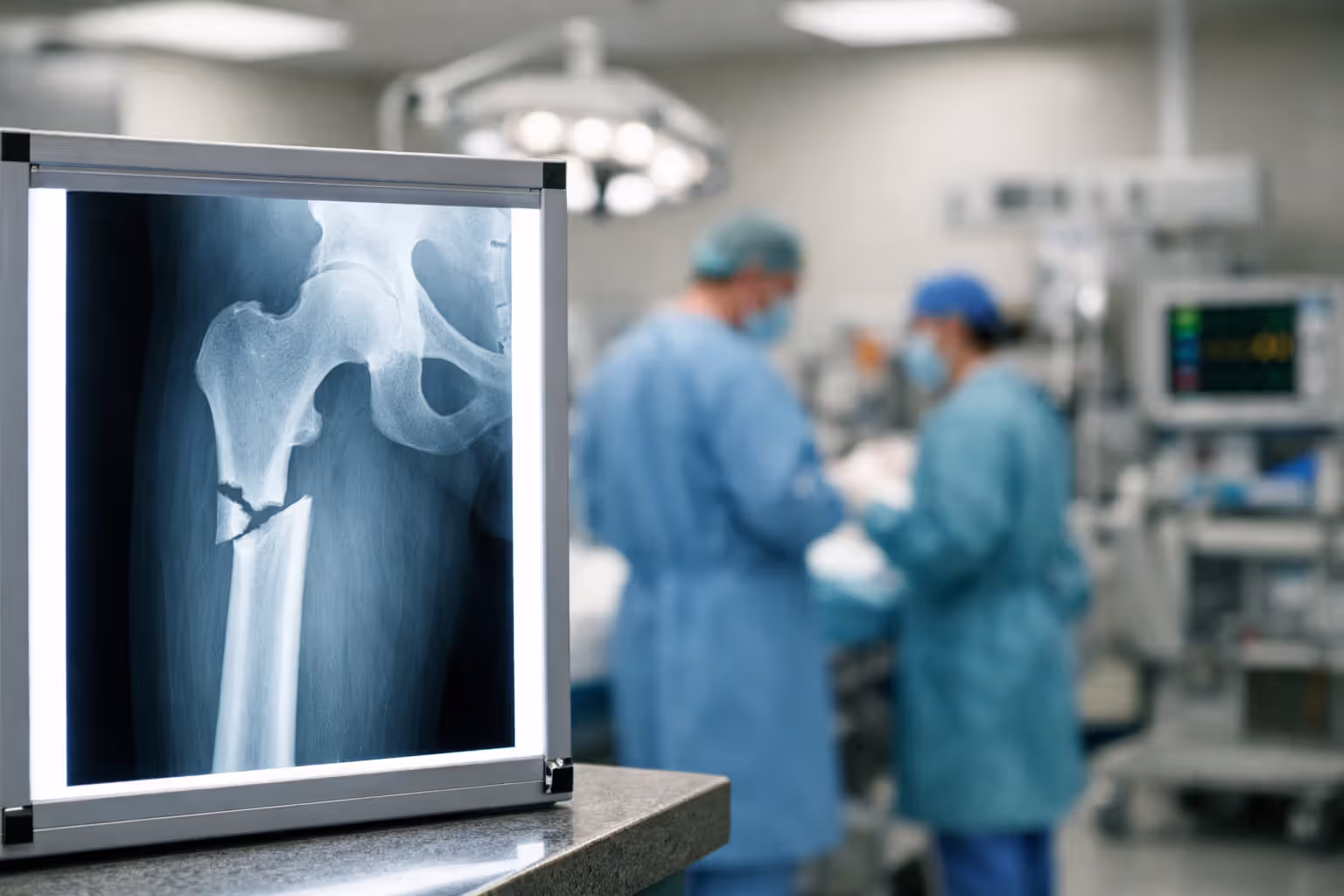 X-ray image of femur fracture displayed on lightbox in hospital trauma department with blurred medical staff in background