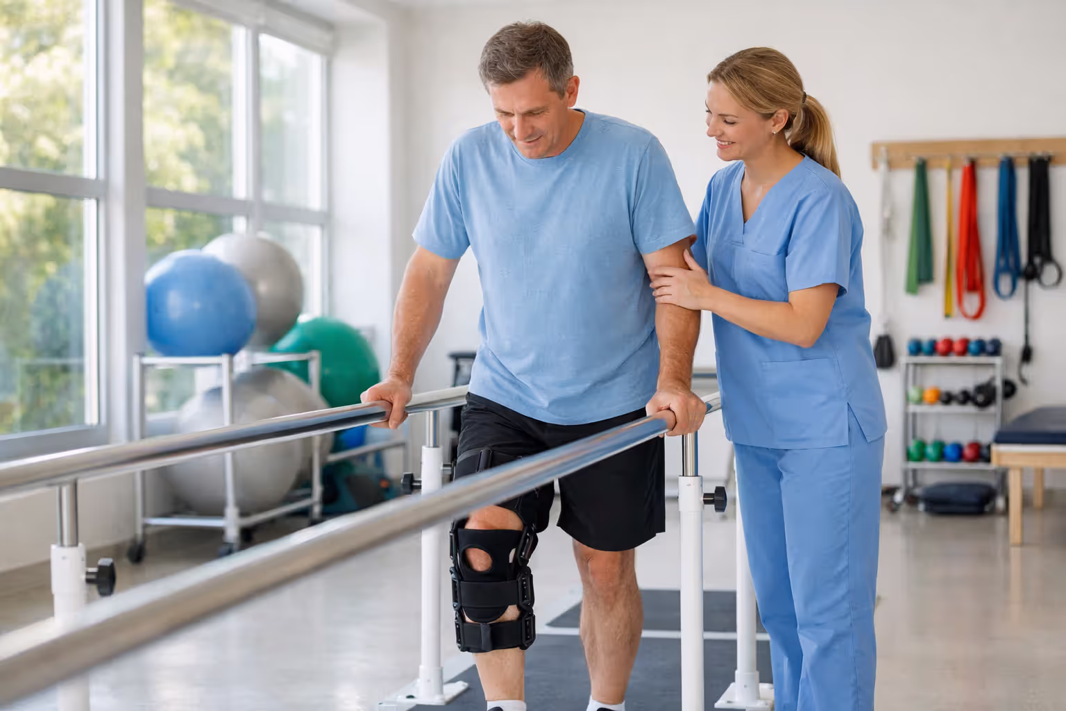 Patient with leg brace performing walking rehabilitation exercises on parallel bars with physical therapist assisting in bright recovery room