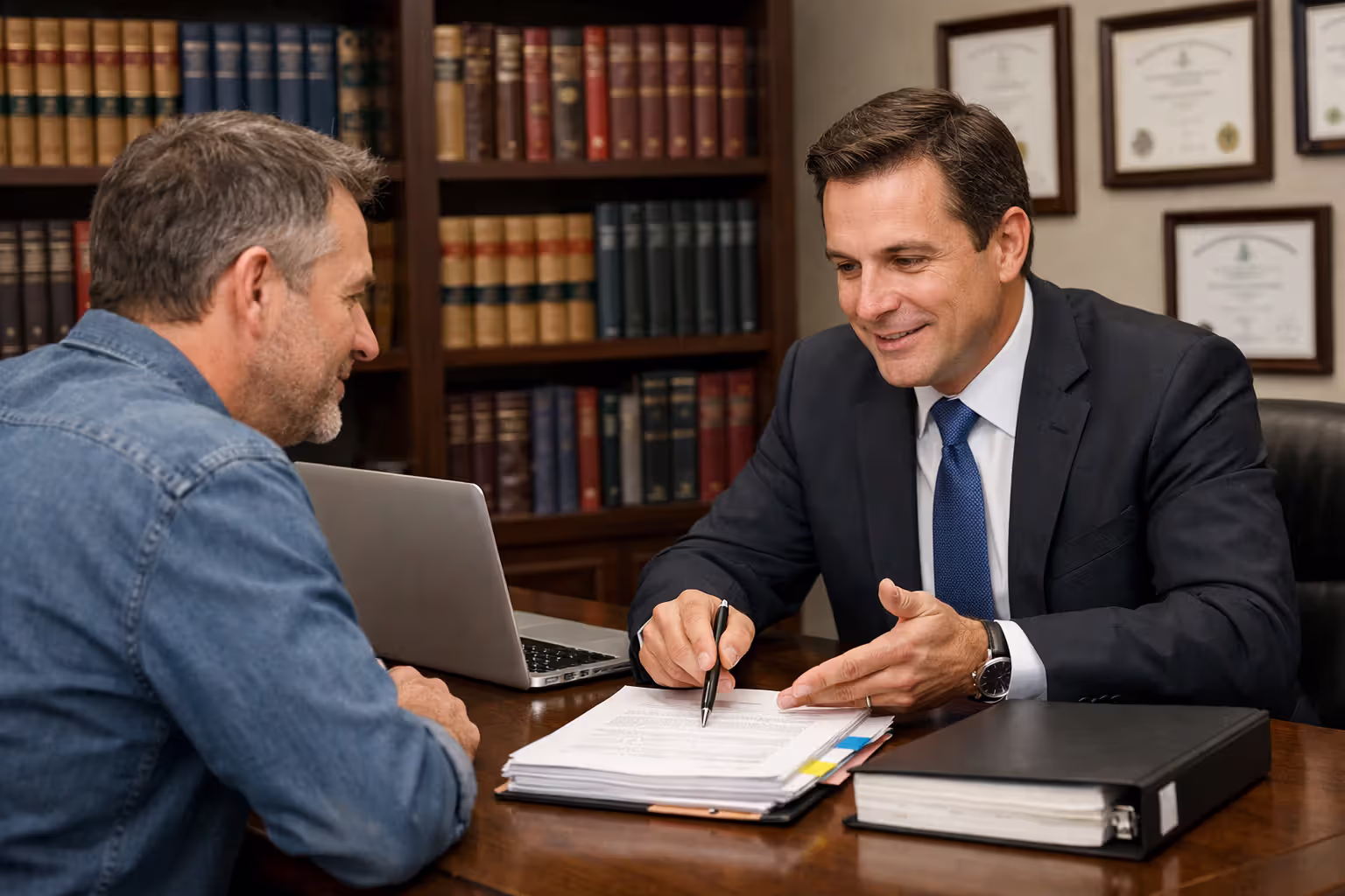 Injured person consulting with disability attorney at office desk reviewing legal documents with law books in background