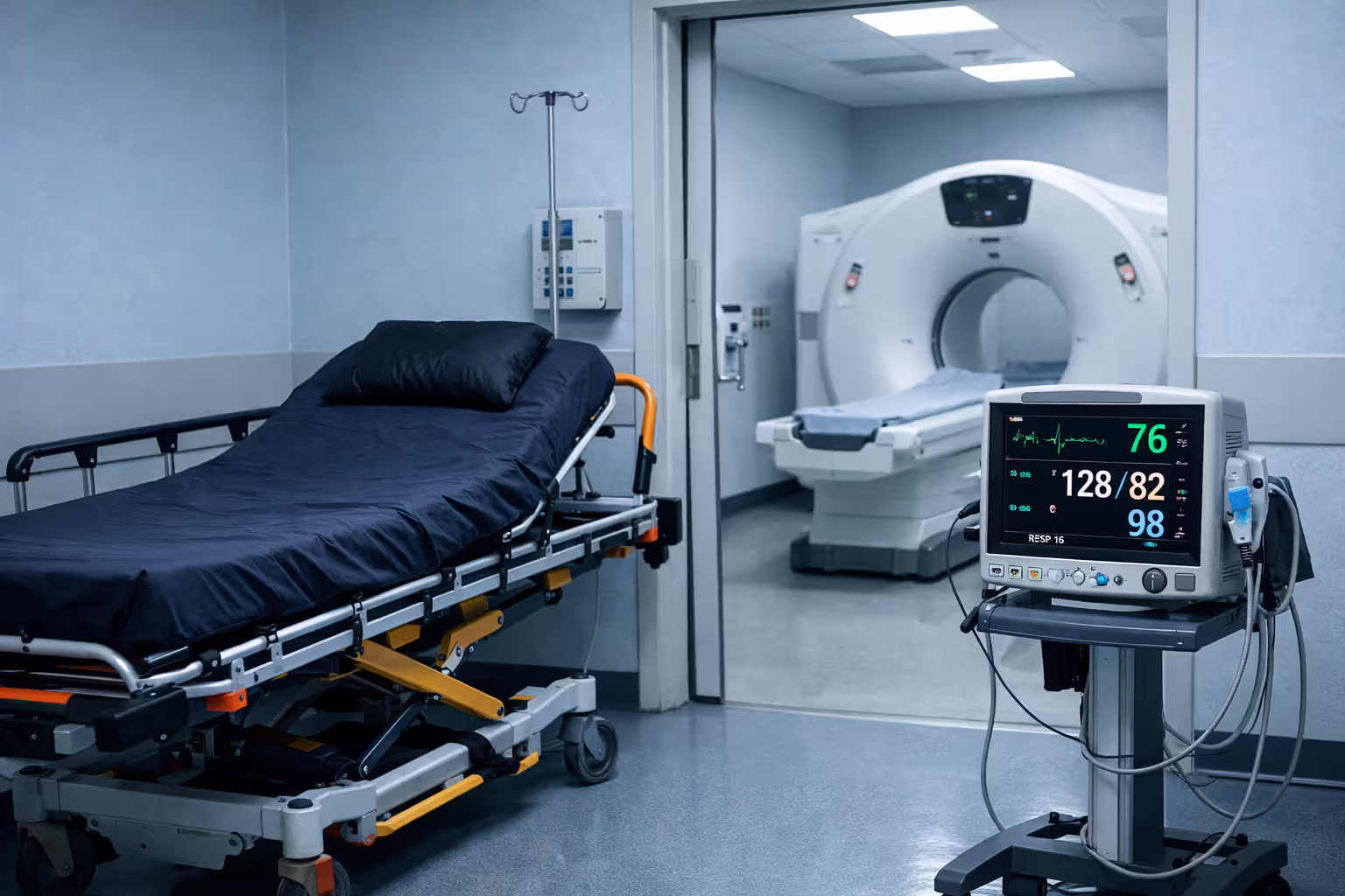 Hospital emergency department corridor with medical gurney, vital signs monitor, and CT scanner visible through doorway