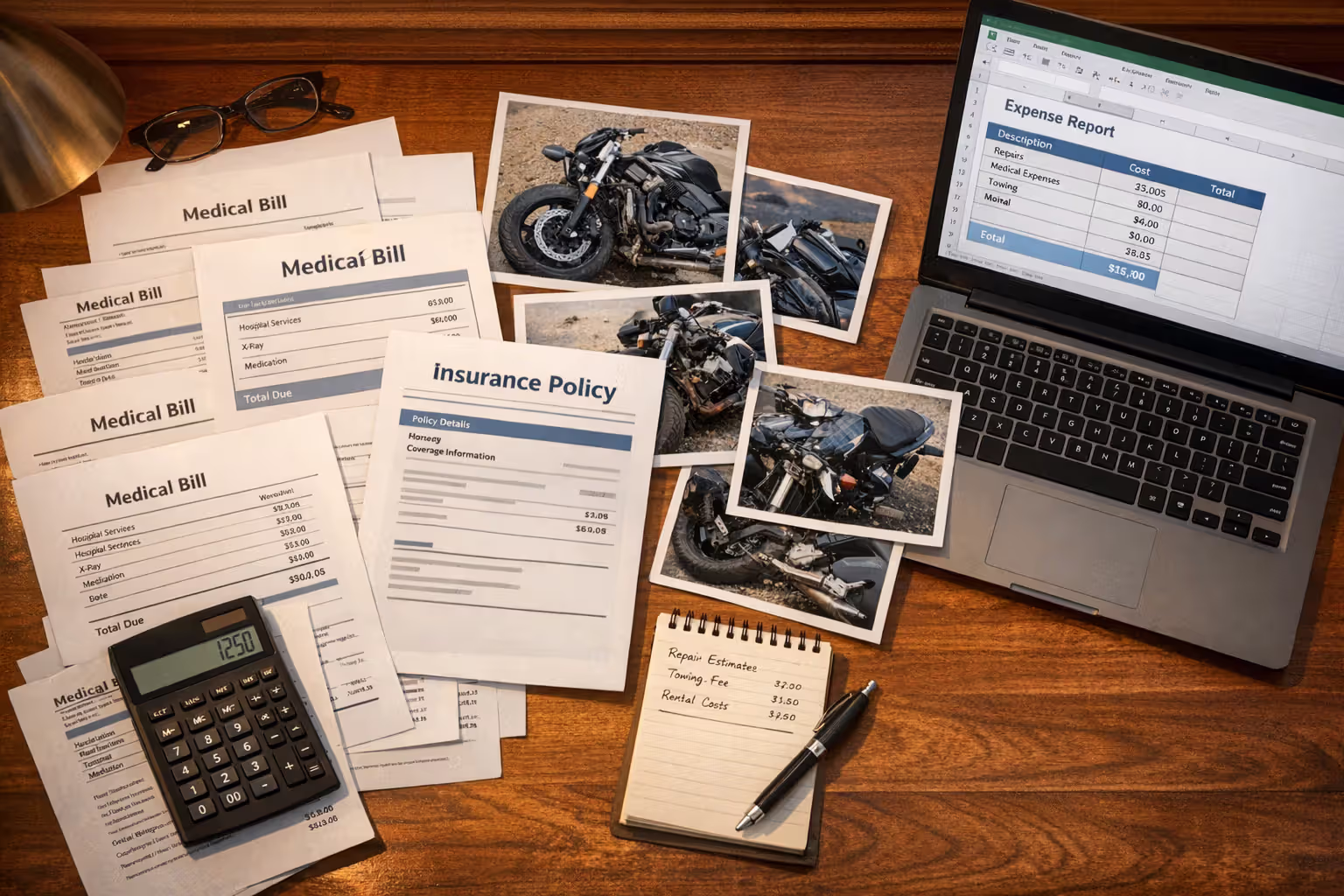 Overhead view of desk with medical bills, insurance documents, printed motorcycle crash photos, calculator, notebook, and laptop showing expense spreadsheet
