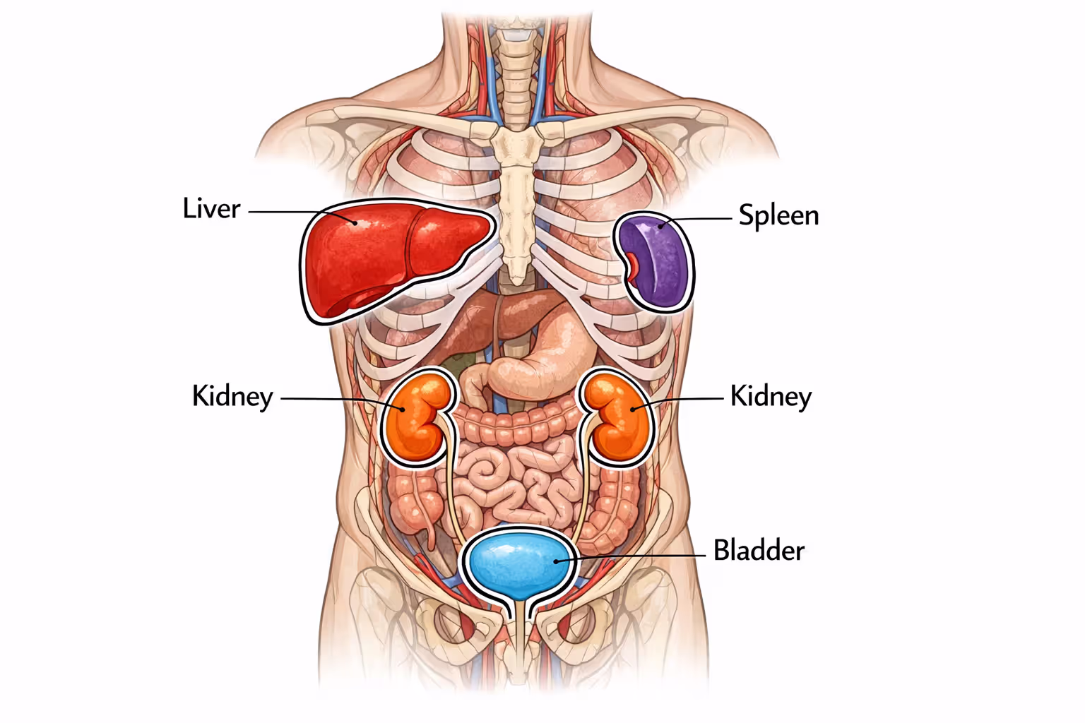 Anatomical illustration of human torso showing vulnerable organs in motorcycle crash including liver spleen kidneys and bladder highlighted in different colors