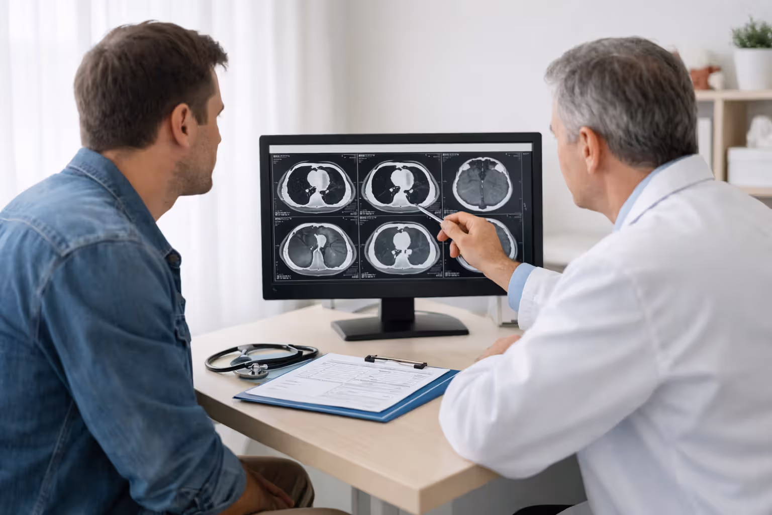 Patient at follow-up medical appointment with doctor reviewing CT scan results on computer monitor in bright clinic office