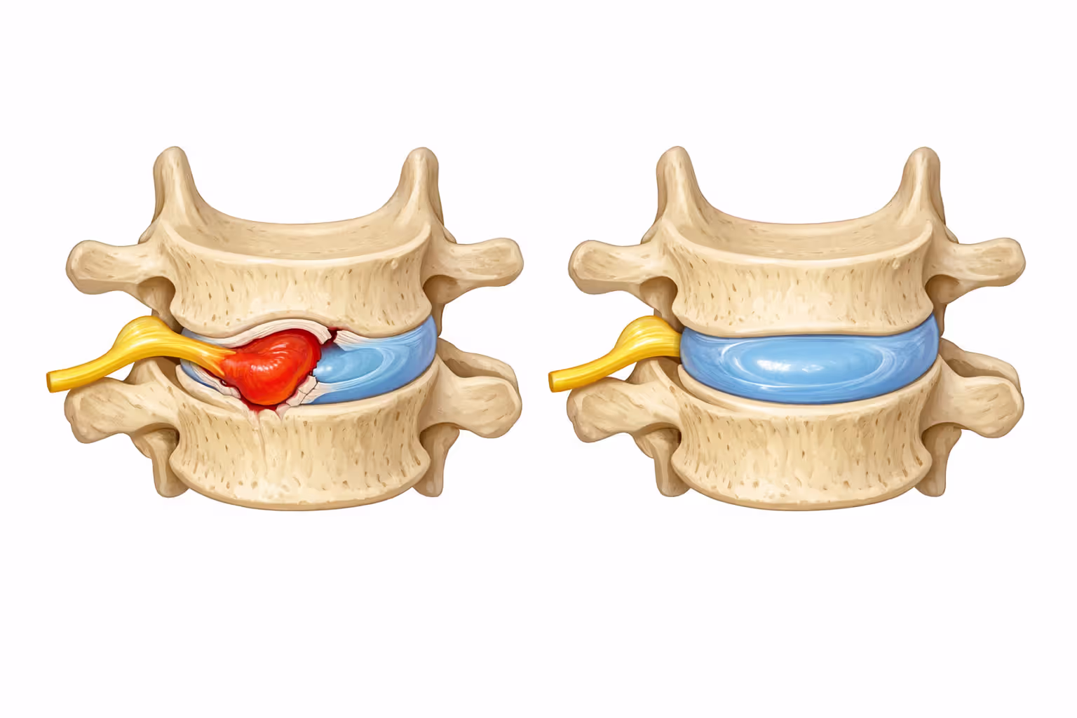 Cross-section medical illustration showing herniated cervical disc compressing spinal nerve root compared to healthy disc anatomy