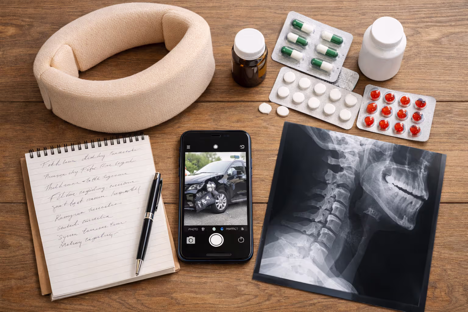 Flatlay photo of motorcycle crash injury documentation items including notebook smartphone medications cervical collar and neck X-ray on table