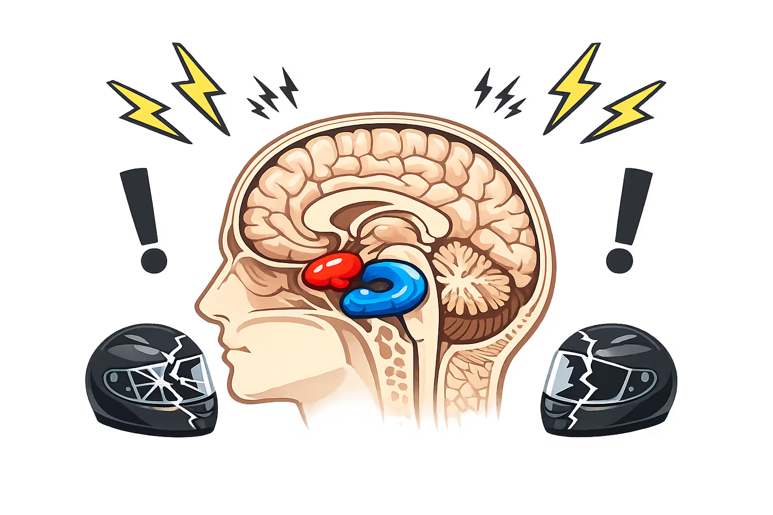 Human brain cross-section diagram highlighting amygdala in red and hippocampus in blue with stress symbols and broken motorcycle helmet around it