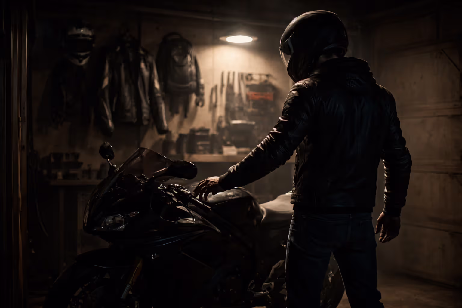 Motorcyclist standing in garage hesitating to touch motorcycle handlebars with riding gear hanging on wall, dramatic backlight conveying inner conflict