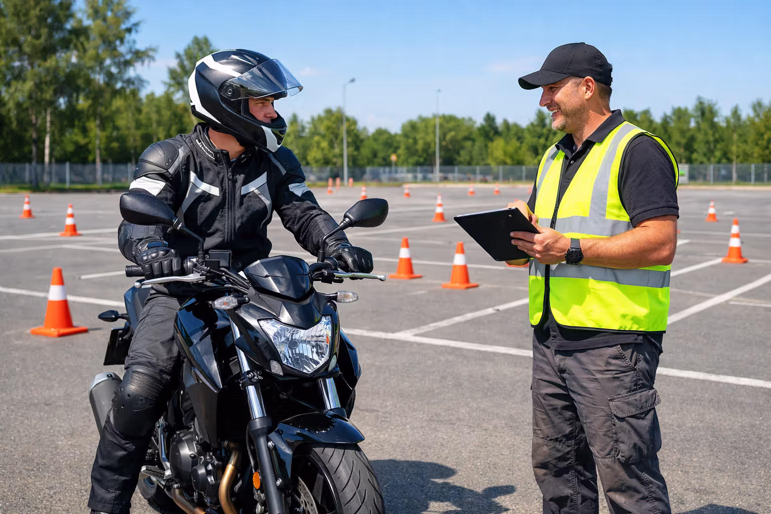Motorcyclist sitting on stationary motorcycle in empty parking lot with instructor standing nearby holding clipboard, orange cones and practice area in bright daylight