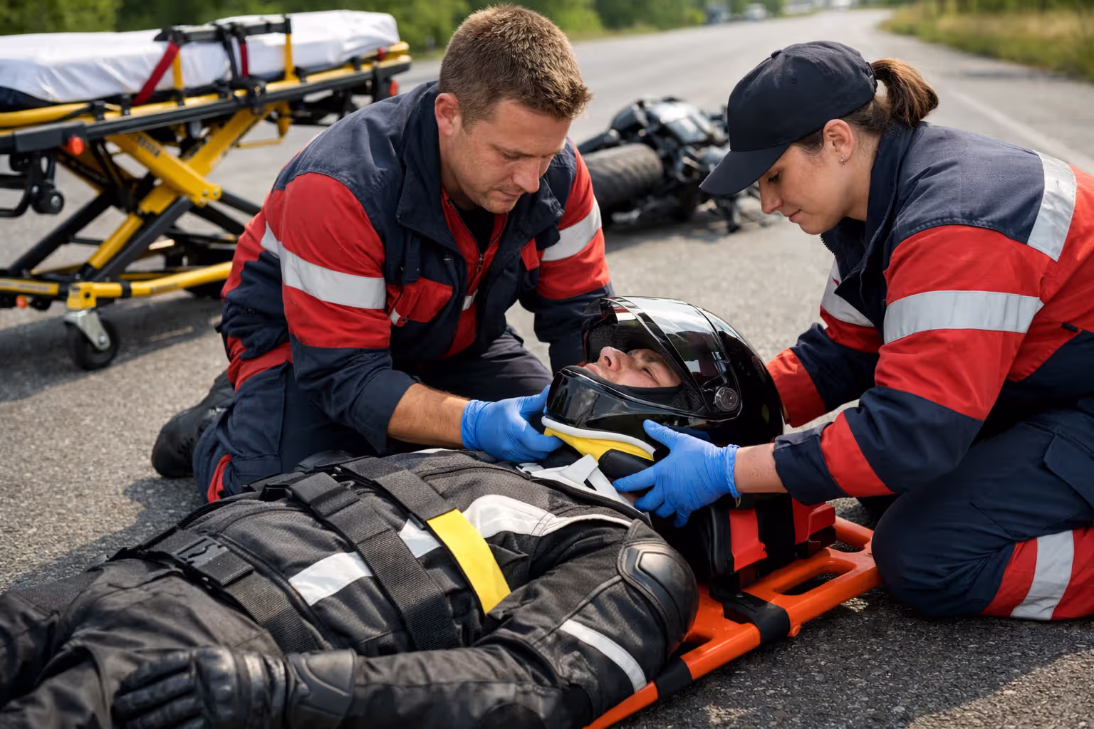 Paramedics stabilizing motorcycle crash victim with cervical collar and spinal board on road
