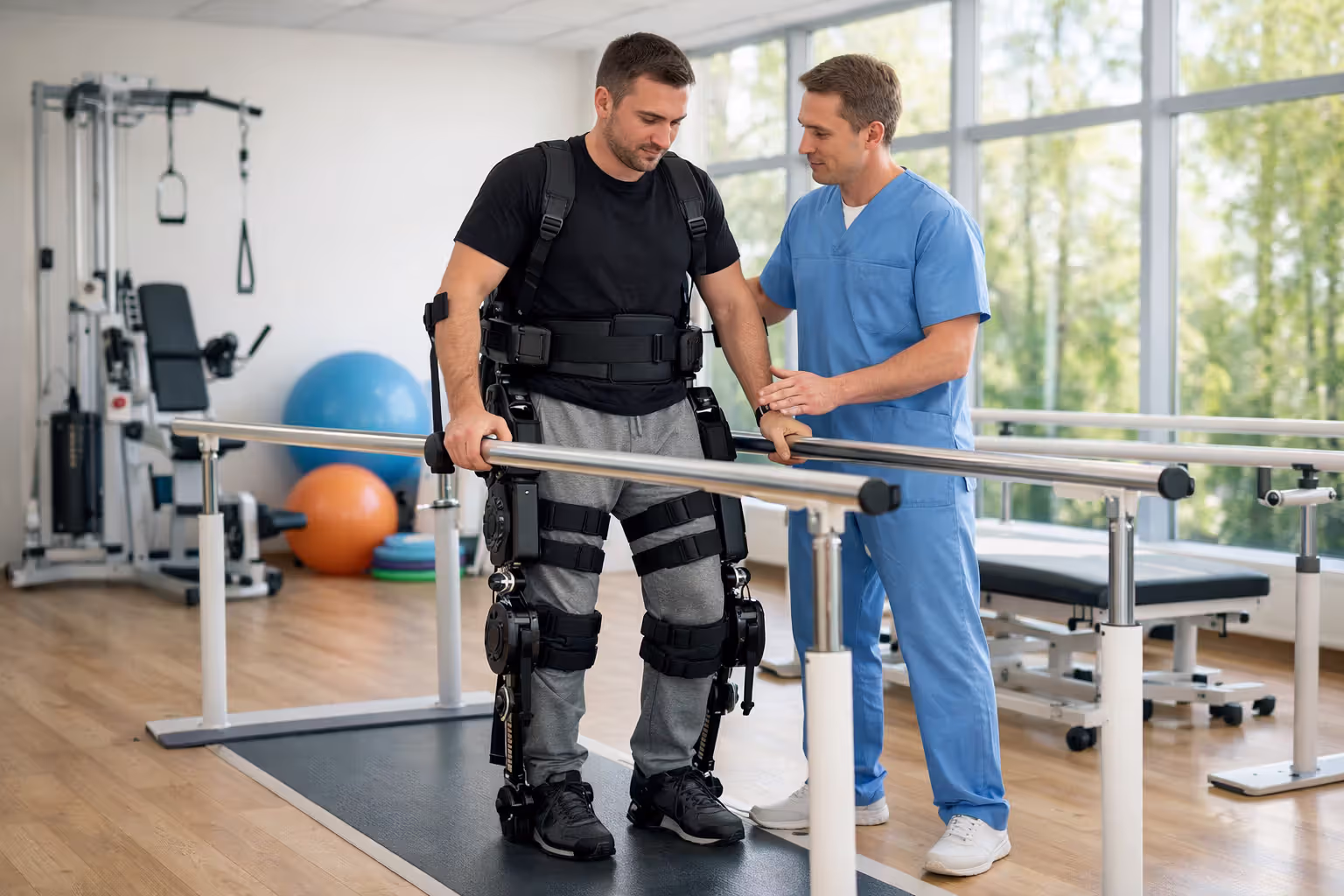 Patient using robotic leg exoskeleton during rehabilitation session with physical therapist in modern clinic