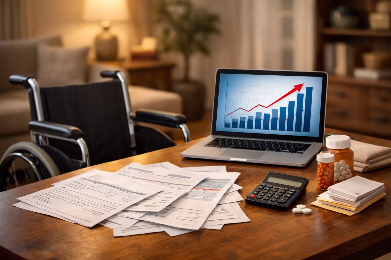 Wheelchair next to desk with medical bills insurance documents calculator and laptop showing rising healthcare costs