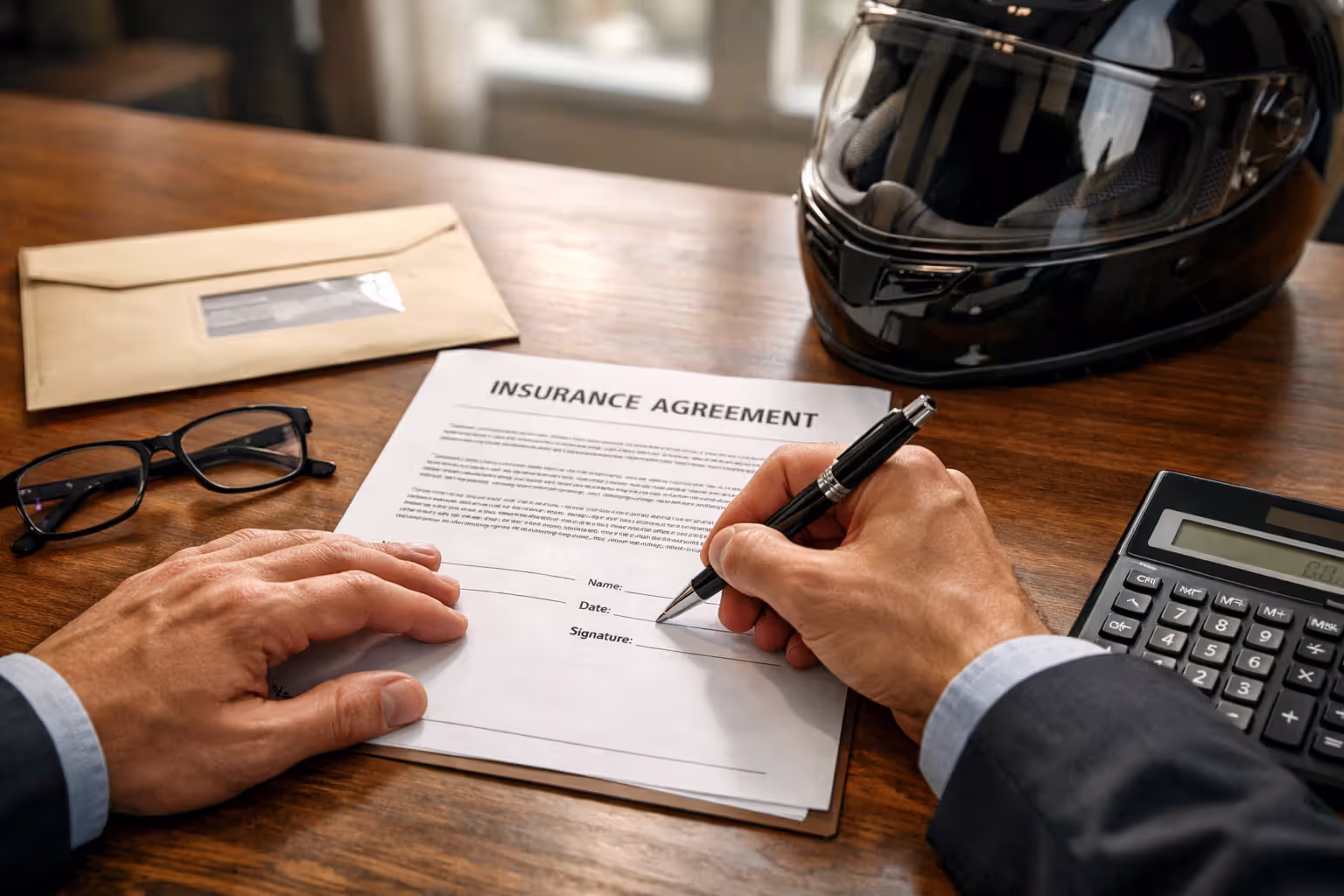 Close-up of hands signing an insurance cancellation document at a desk with a motorcycle helmet and official letter nearby
