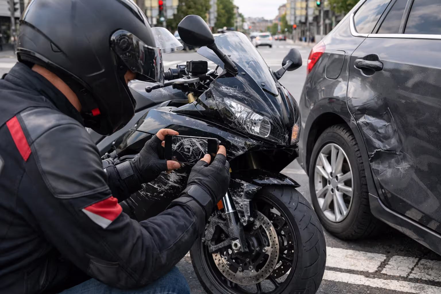 Motorcyclist photographing motorcycle damage with a smartphone at an urban intersection after a minor collision with a car
