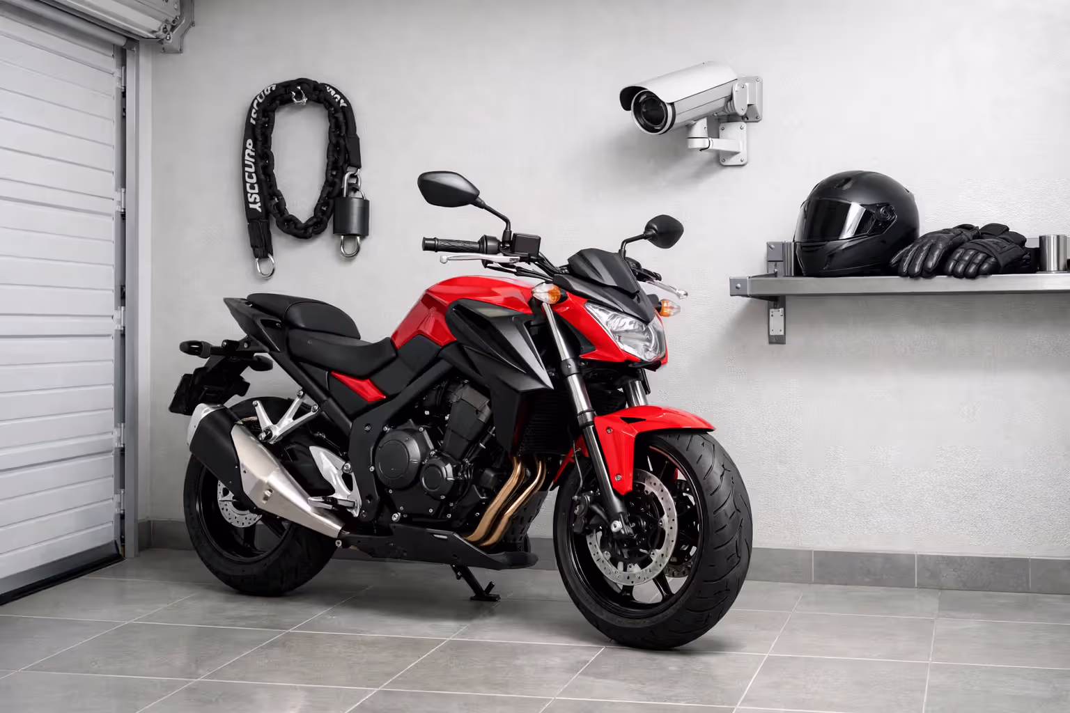 Motorcycle securely parked inside a clean well-lit garage with a chain lock and security camera on the wall