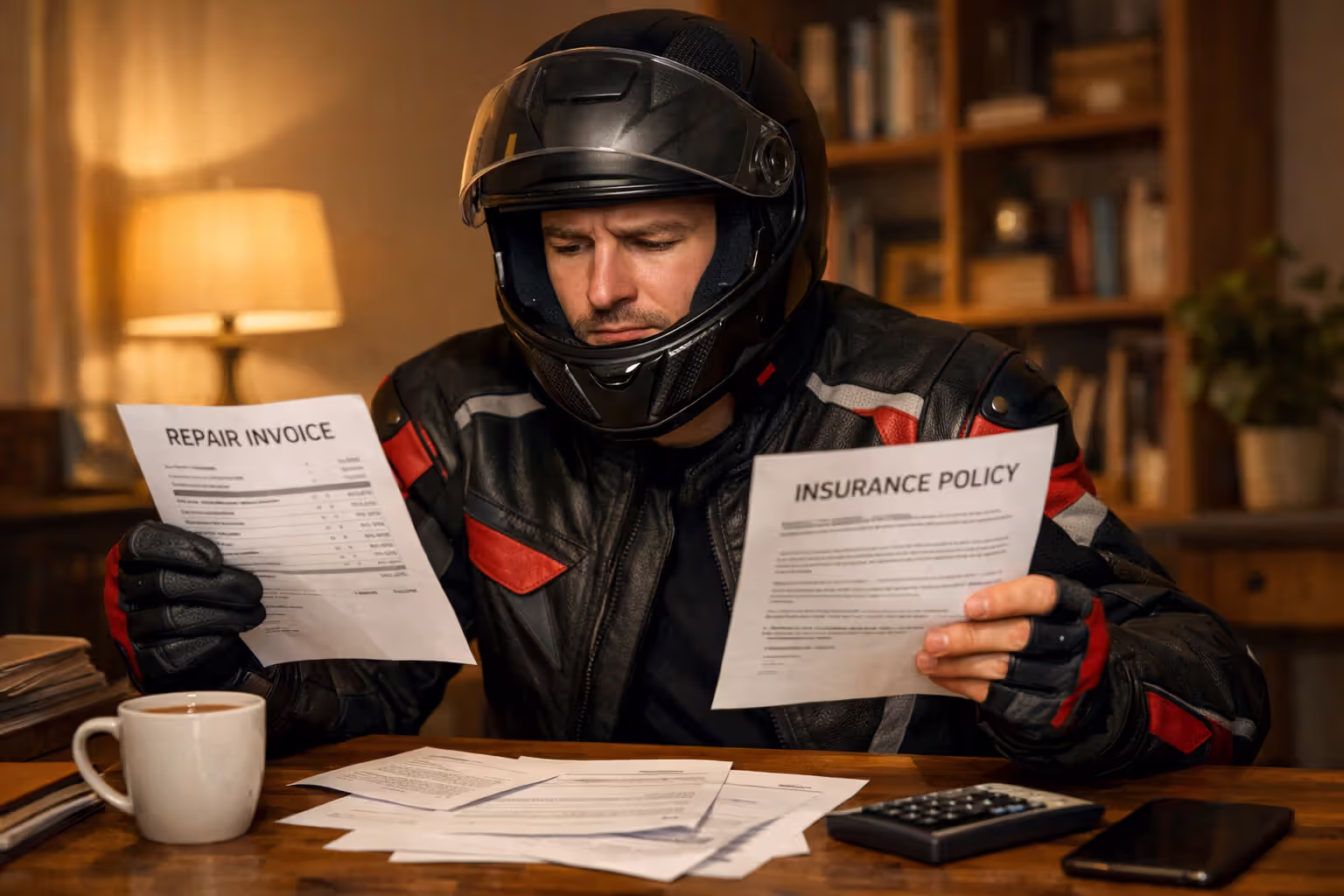 Motorcyclist in riding gear sitting at a home desk comparing a repair bill and an insurance document with papers and a coffee cup on the table
