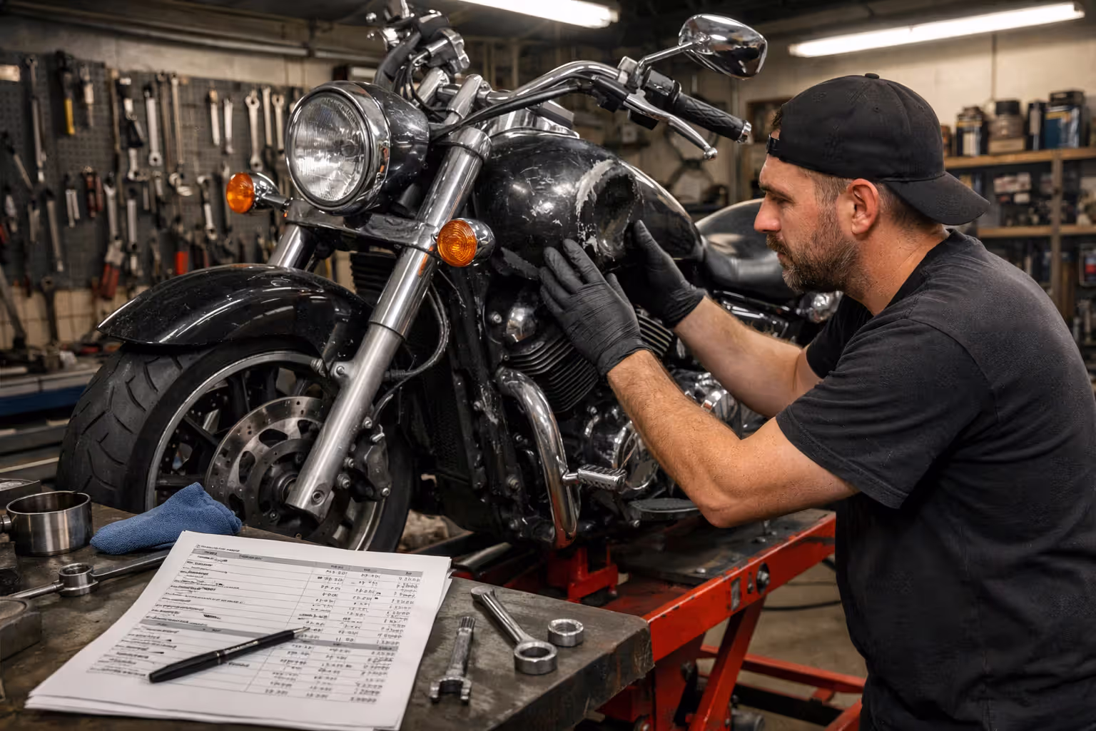 Damaged cruiser motorcycle on a lift in repair shop with mechanic inspecting dented tank and a repair estimate on the workbench