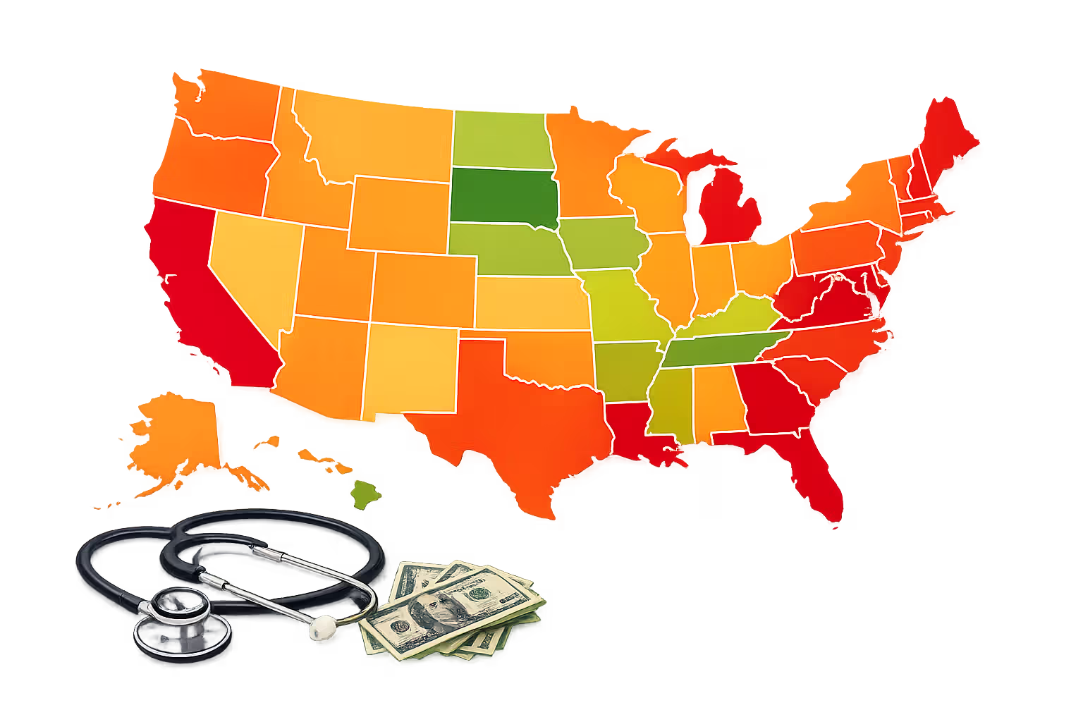 Color-coded US map showing motorcycle insurance premium levels by state with stethoscope and dollar bills nearby