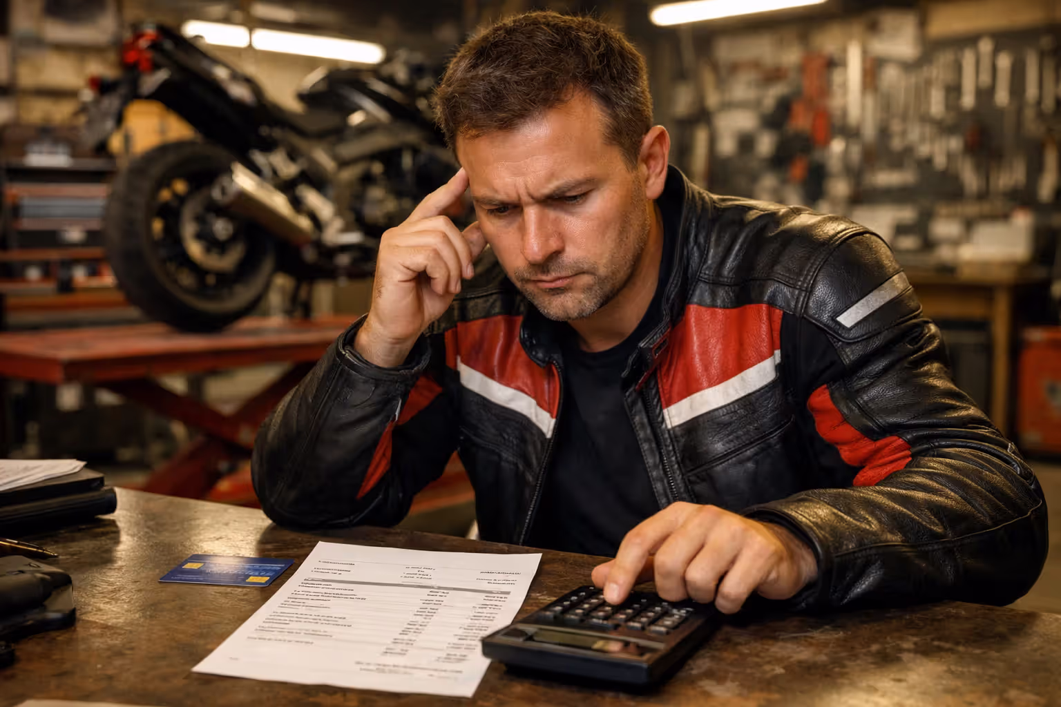 Worried motorcycle rider reviewing repair bill with calculator and credit card at motorcycle repair shop