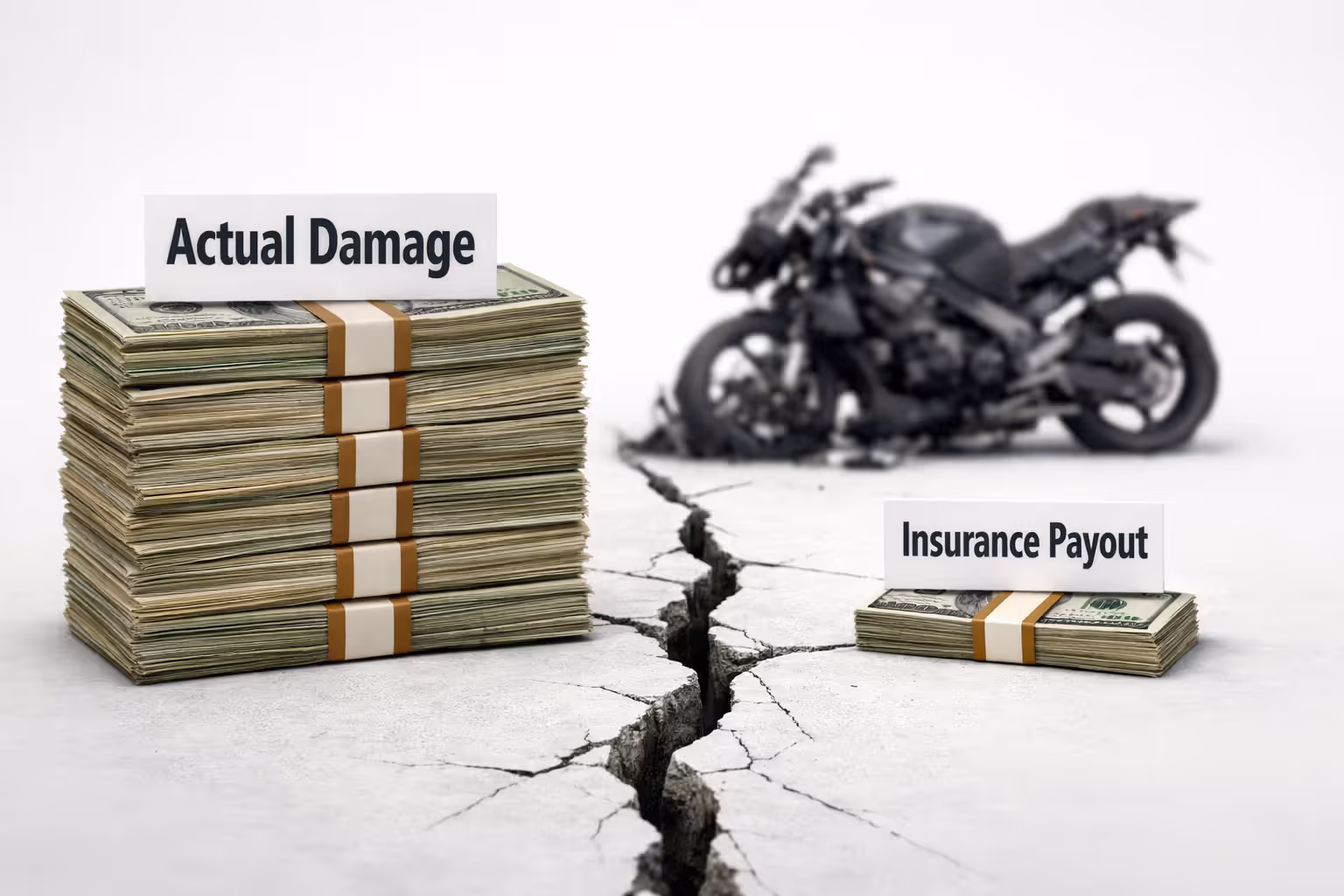 Visual comparison of large actual damage cost stack versus small insurance payout stack with cracked gap and damaged motorcycle silhouette
