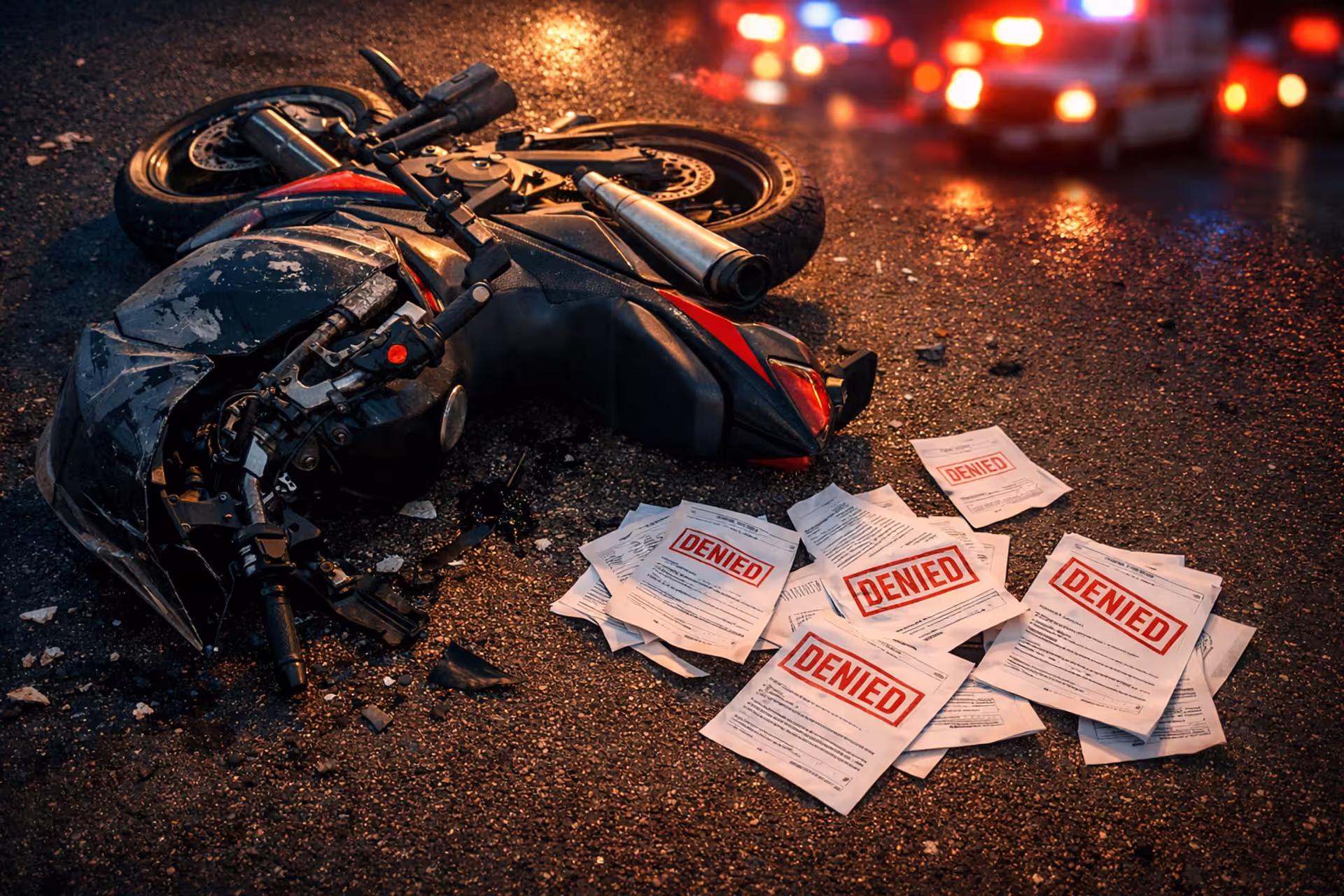 Crashed motorcycle lying on asphalt road with scattered insurance policy papers stamped denied and emergency lights in background