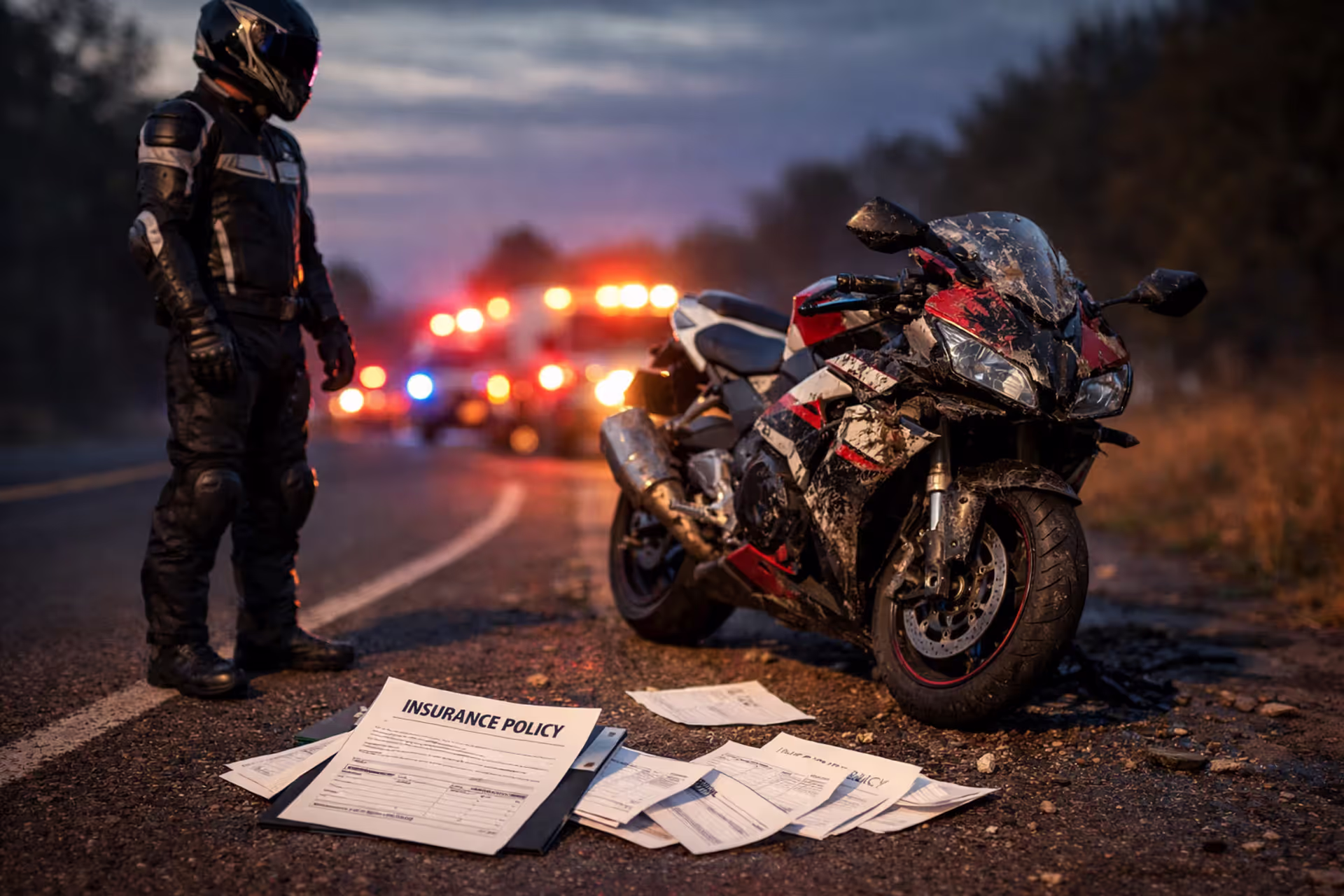 Motorcyclist standing next to a damaged motorcycle on a roadside with emergency lights in the background and insurance documents scattered on the ground
