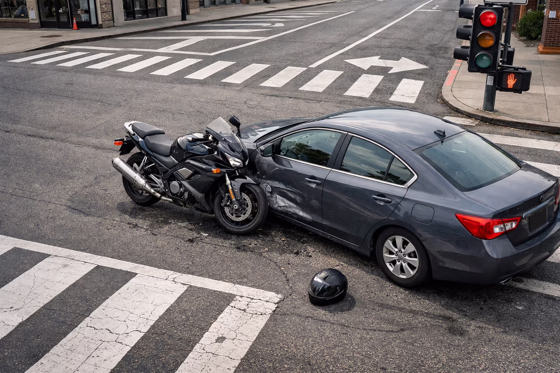 Overhead view of a city intersection with a motorcycle and car after a minor collision, helmet on the ground, traffic lights and buildings in the background