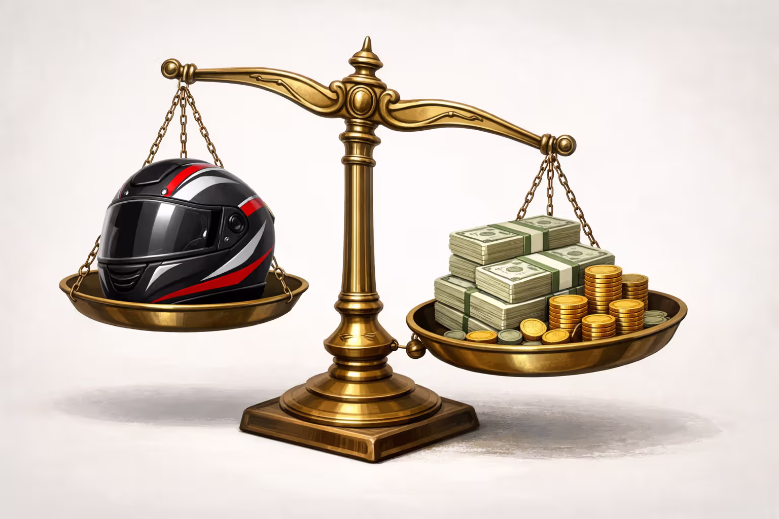 Balance scale with motorcycle helmet on one side and stack of money on the other side tilting toward money symbolizing insurance cost increase