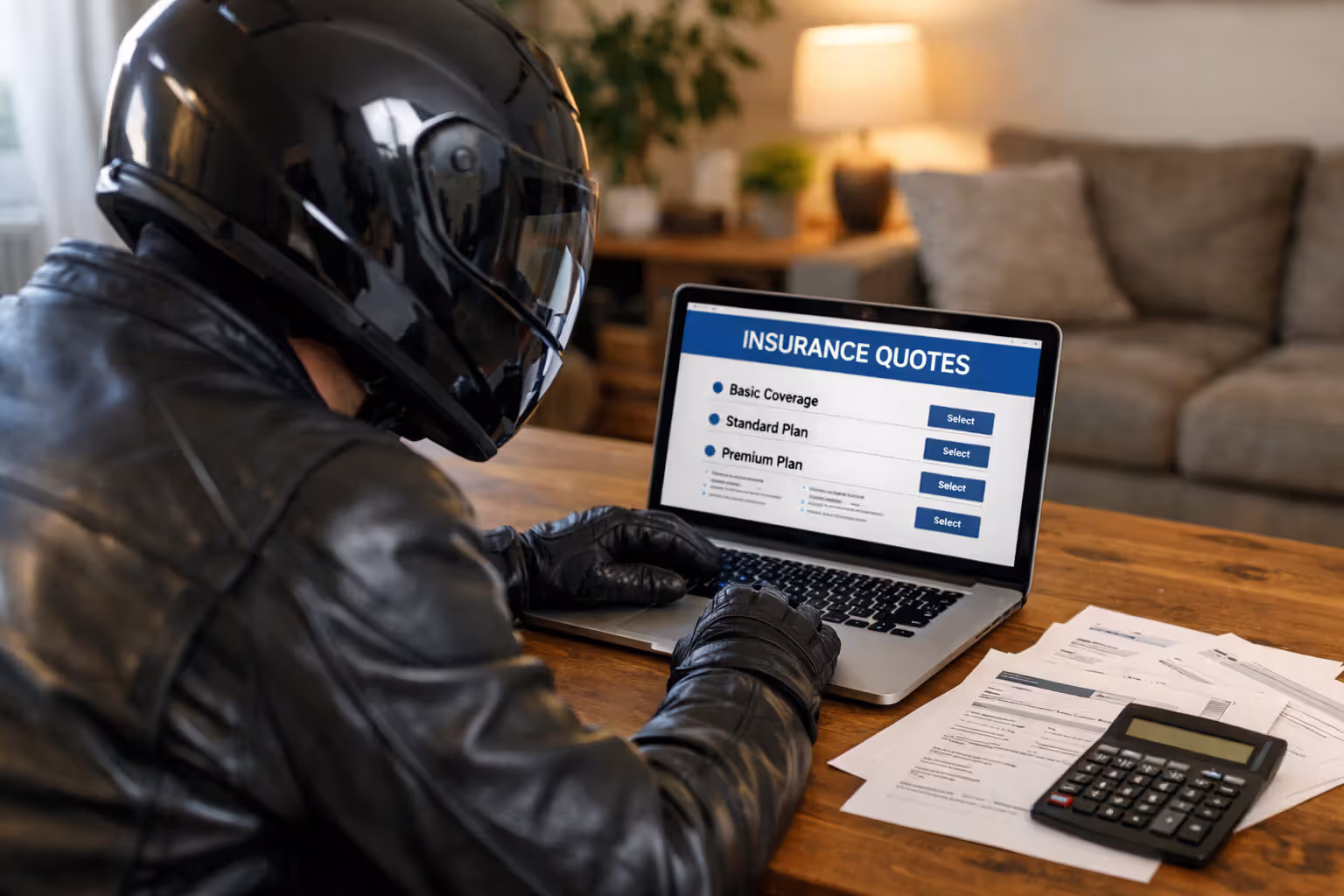 Motorcyclist sitting at a desk reviewing insurance quotes on a laptop with printed documents and calculator on the table