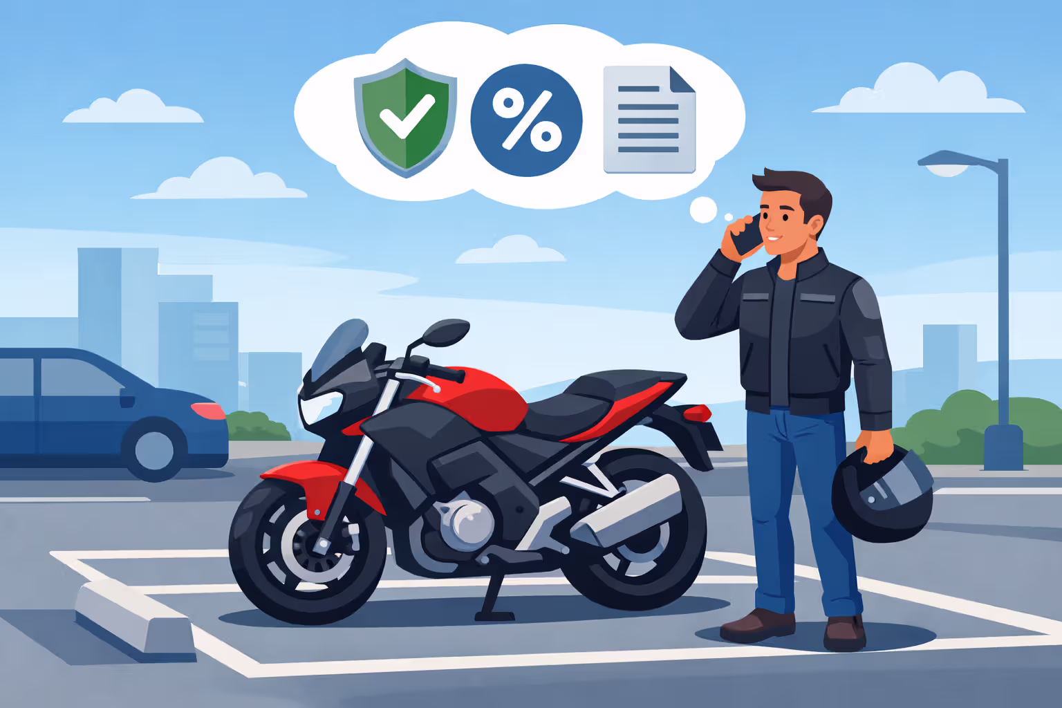 Motorcycle owner standing near a parked bike talking on the phone with icons of insurance shield percentage sign and policy document above