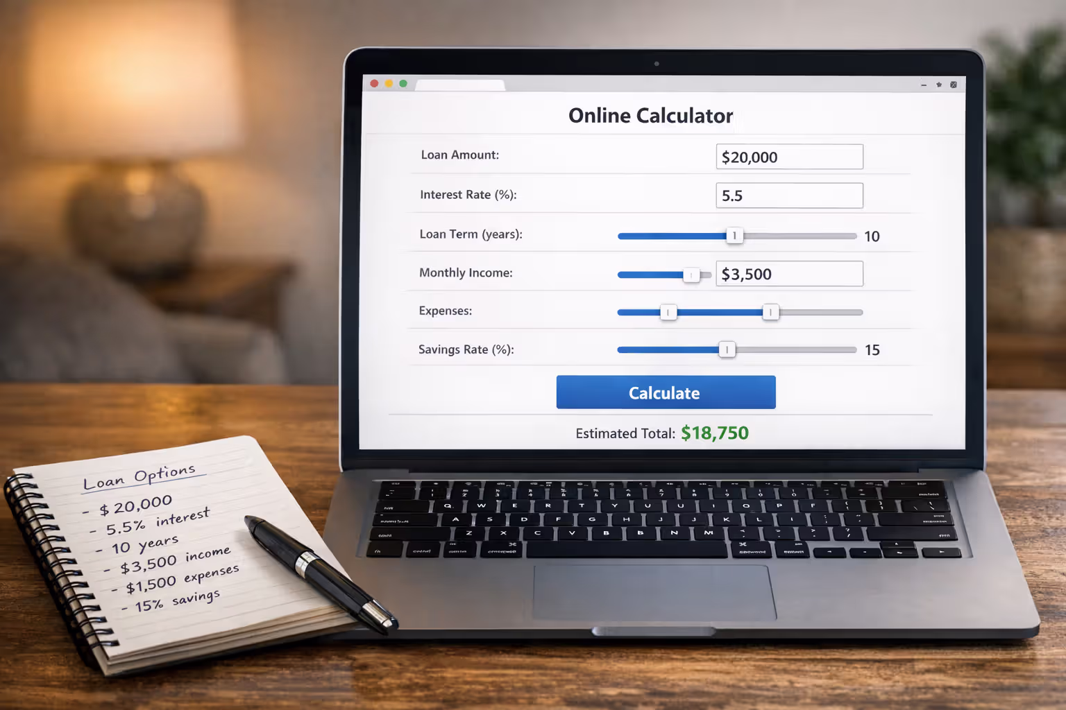 Laptop screen showing an online settlement calculator with input fields and a dollar amount result