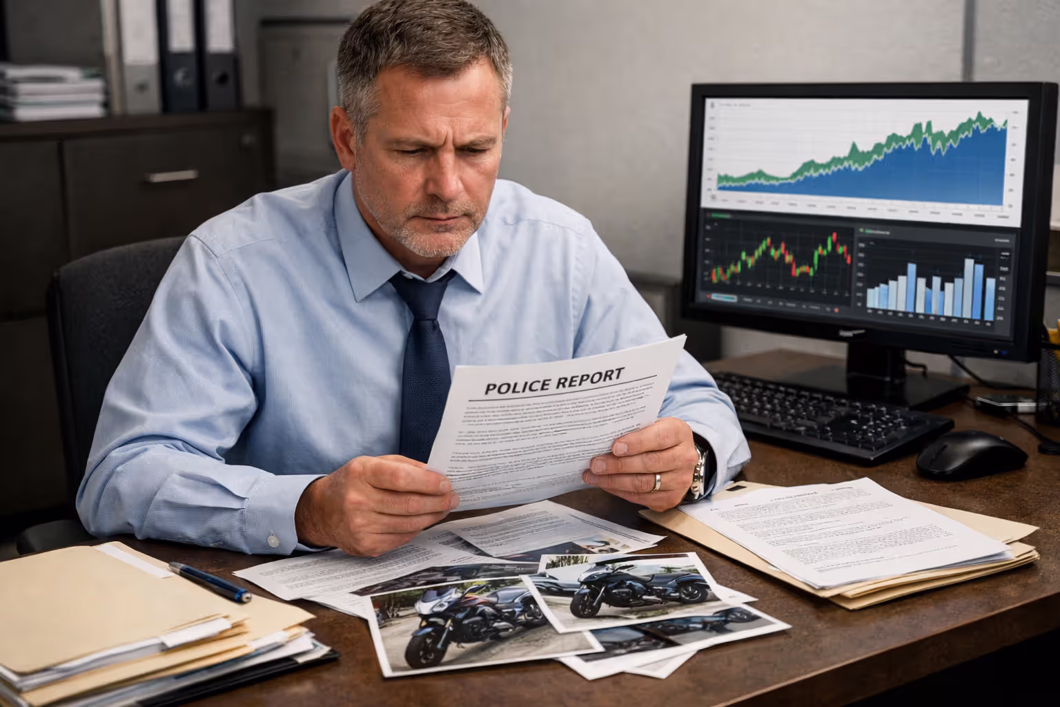 Insurance adjuster reviewing motorcycle accident claim documents and police report at office desk