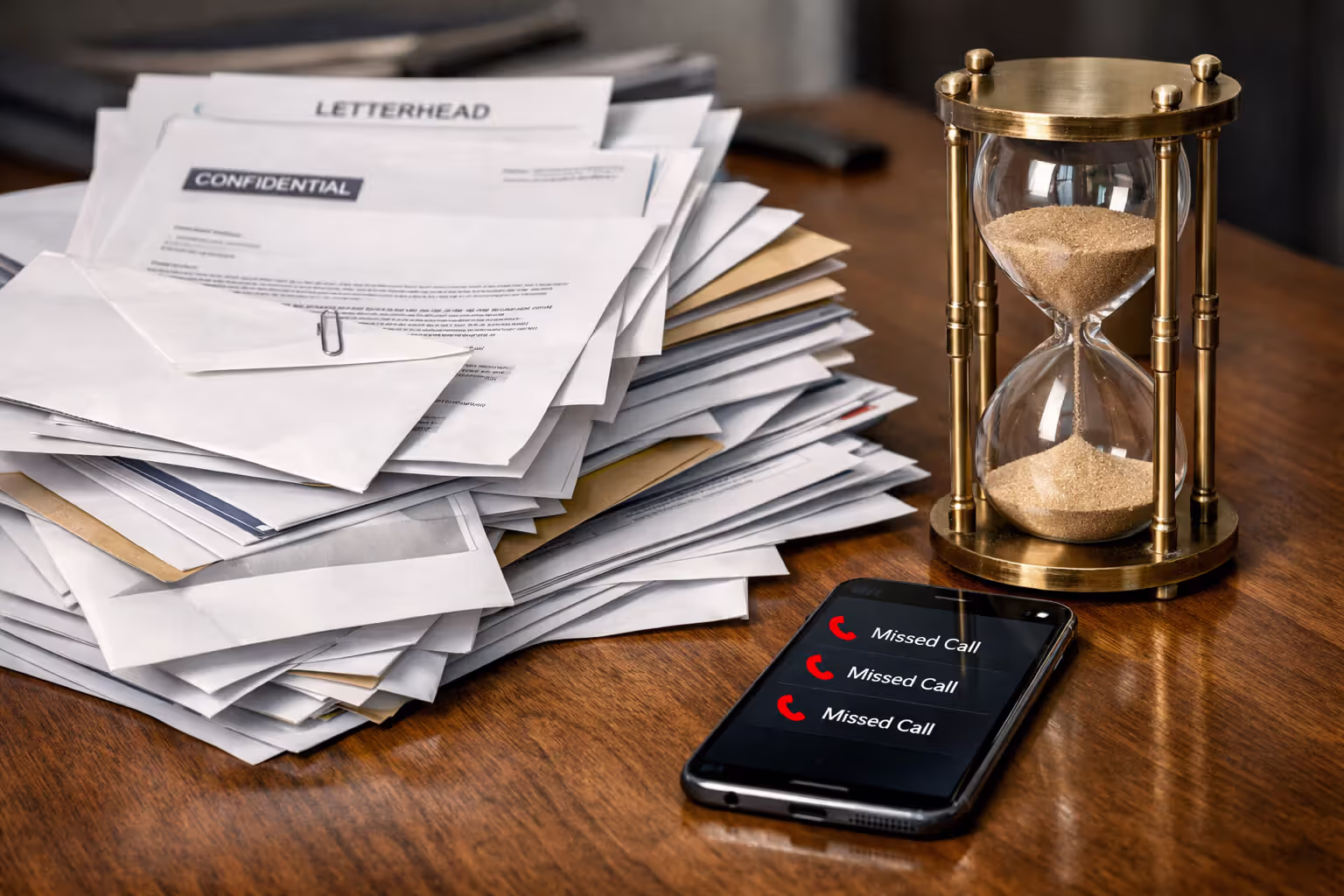 Stack of official insurance letters next to hourglass symbolizing settlement delays with smartphone showing missed calls